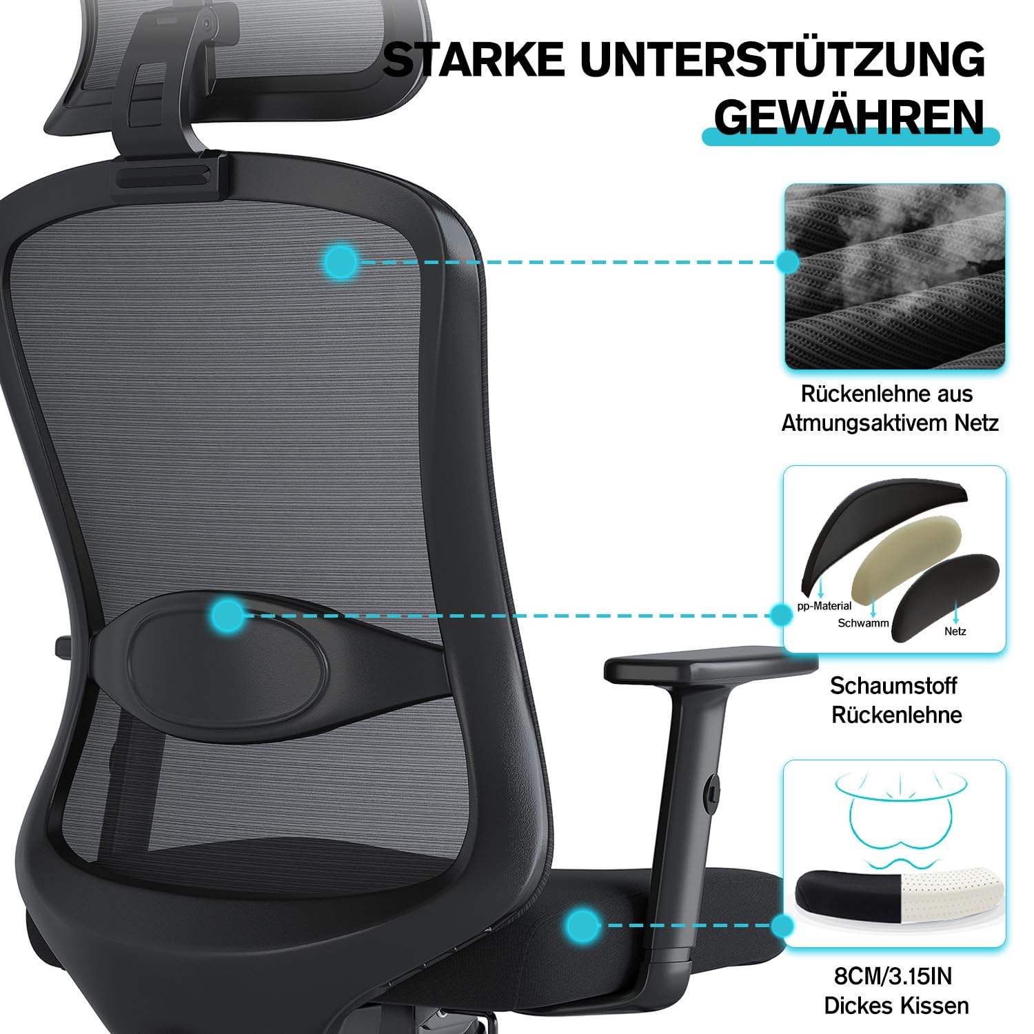 Bürostuhl Ergonomisch, Schreibtischstuhl mit Wippfunktion bis 125°, Verstellbarer Kopfstütze & Armlehnen, Drehstuhl mit Lendenwirbelstütze, Chefsessel aus Mesh, Bürostühle 150 kg, Schwarz