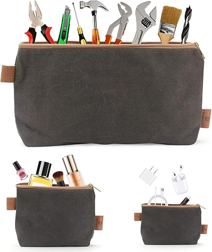 Miniatura 6 de Bolsa de lona con cremallera, paquete de 3 pequeñas bolsas de herramientas, bolsa de lona encerada de 16 onzas, bolsa de almacenamiento multiusos