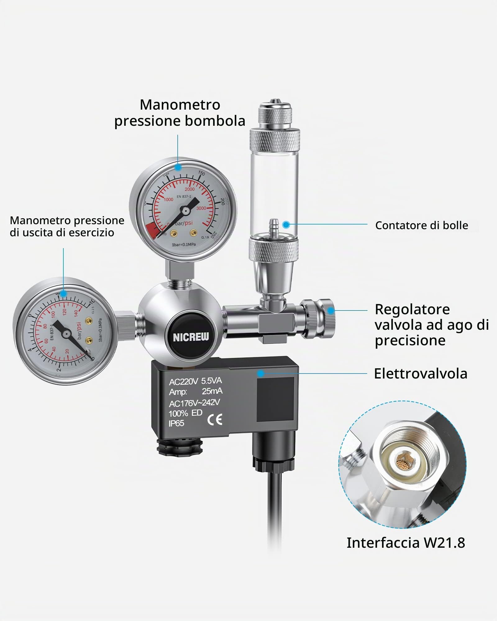 NICREW Regolatore di CO2 Acquario, Riduttore di Pressione per Acquario Piante, Doppio Manometri con Elettrovalvola Contatore di Bolle, Interfaccia W21,8