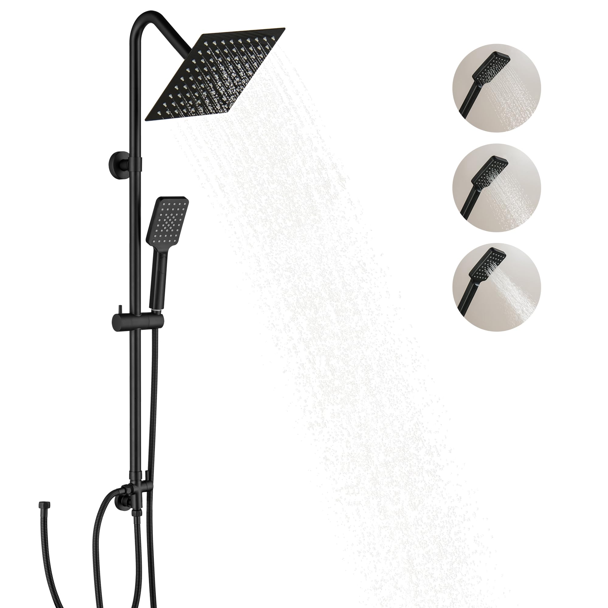 LIWEIKE Columna Ducha Negra, Columna Ducha sin Grifo Con Rociador de Lluvia de acero Inoxidable de 8 Pulgadas, Columna Ducha con 3 Modos de Pulverización, Negro Mate