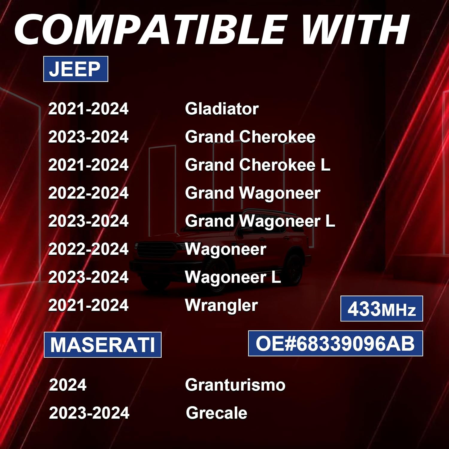 Pre-Programmed Tire Pressure Monitoring Sensor 433MHz TPMS Sensor Compatible with Jeep 2021-2024 Grand Cherokee Gladiator Wrangler, for Maserati Grecale 4PCS Replace 68339096AB 68339096AA