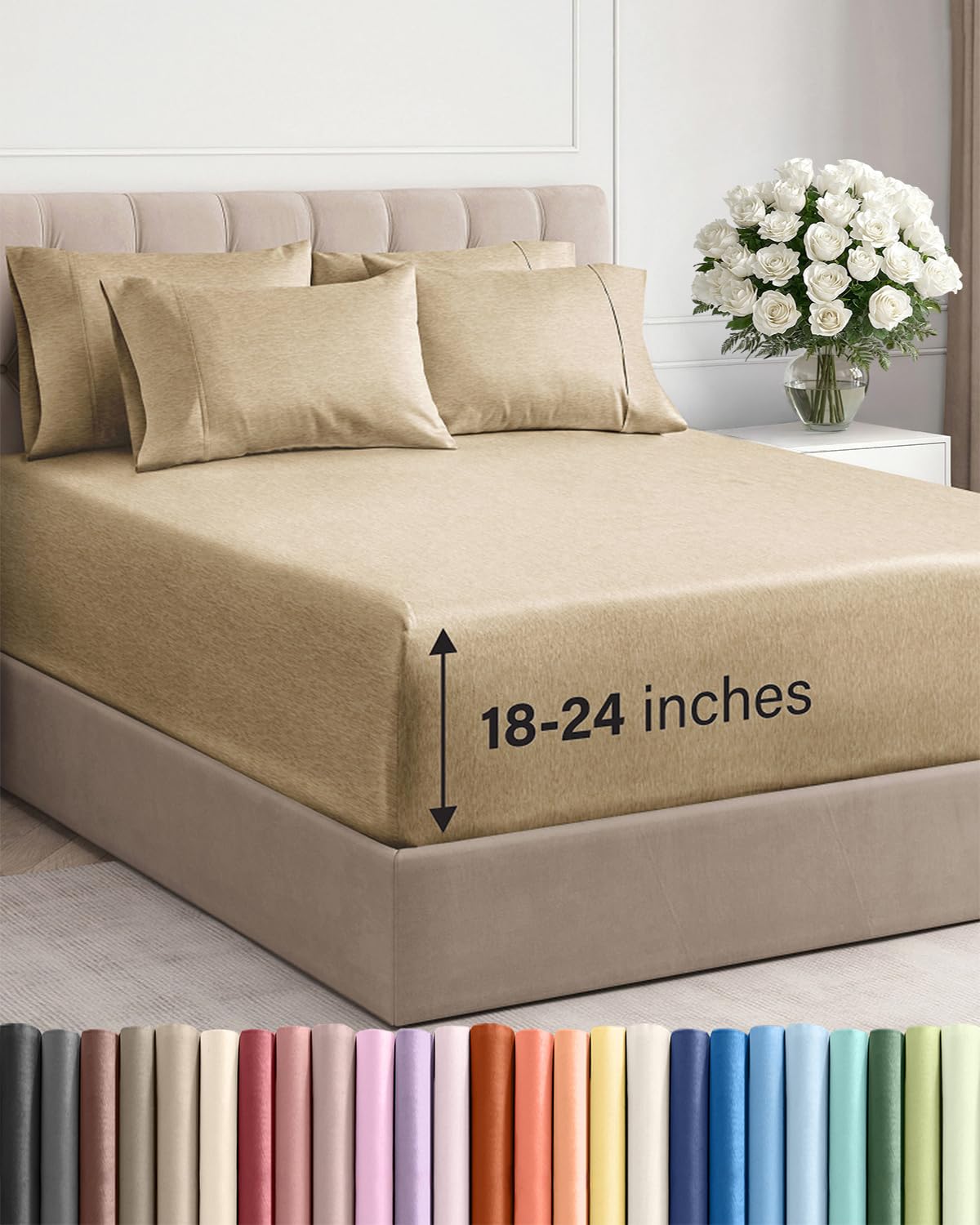 Extra Deep Cal King Sheet Set - 6 Piece Cooling Bed Sheets - Heathered Tan — image 1
