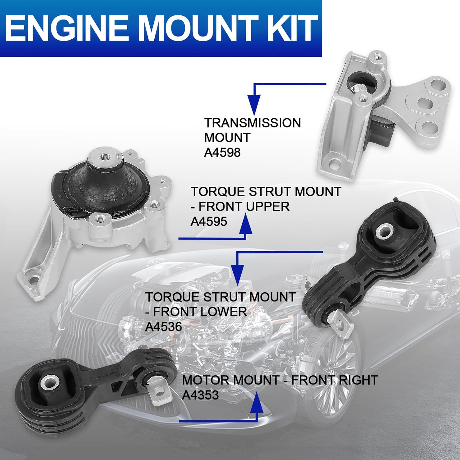 4PC Engine Motor Mount Set (9496 9397 9302 9303) - Vibration Dampening Struts - Fits 2007-2011 CR-V CRV 2.4L - Automatic Transmission Only, Replaces A4595 A4598 A4535 A4536