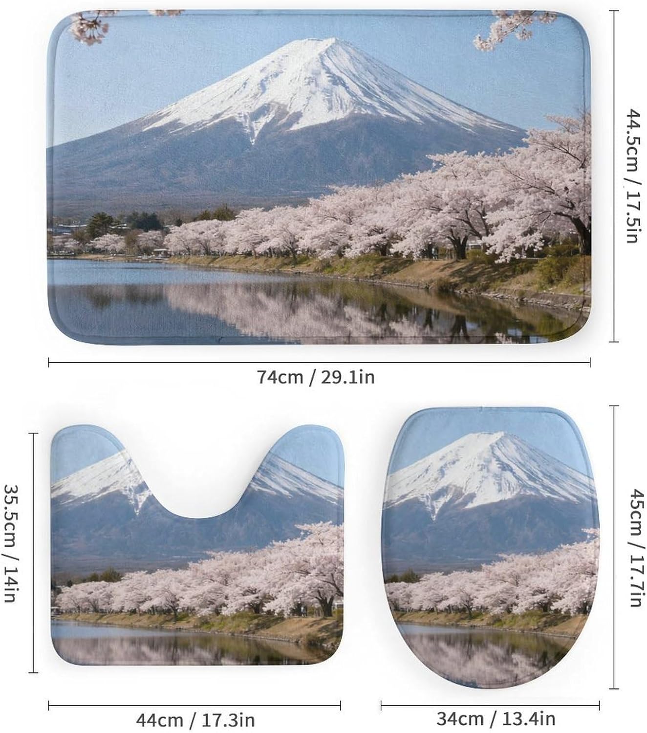 4 Piece Bathroom Rug Set with Shower Curtain, Non-Slip Bath Mat Toilet Cover Set, Mount Fuji Bathroom Rug Sets
