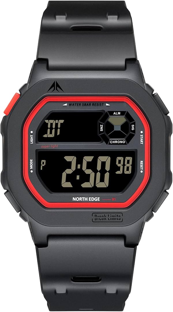 Reloj digital NORTH EDGE X1 para hombre y mujer, deportivo retro unisex con retroiluminación EL, resistente al agua 5ATM, cronómetro, temporizador, alarma, doble hora, ligero para uso diario