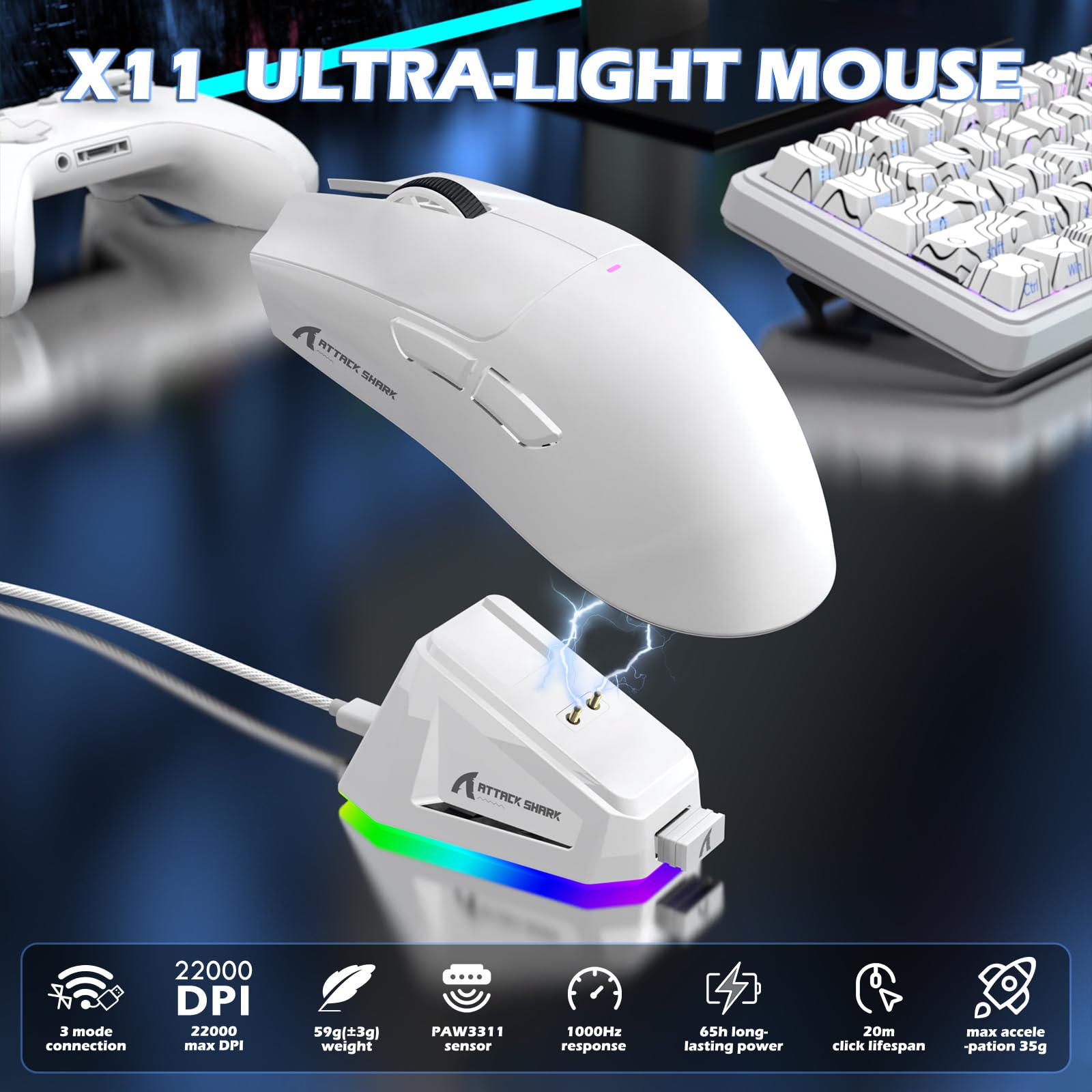 MAMBASNAKE X ATTACK SHARK Tastiera e mouse wireless tri-mode, tastiera con Interruttori Magnetici a Grilletto Rapido X65PRO HE, Precisione RT 0,01 mm 8KHz, Mouse X11 con Dock di ricarica - Bianco
