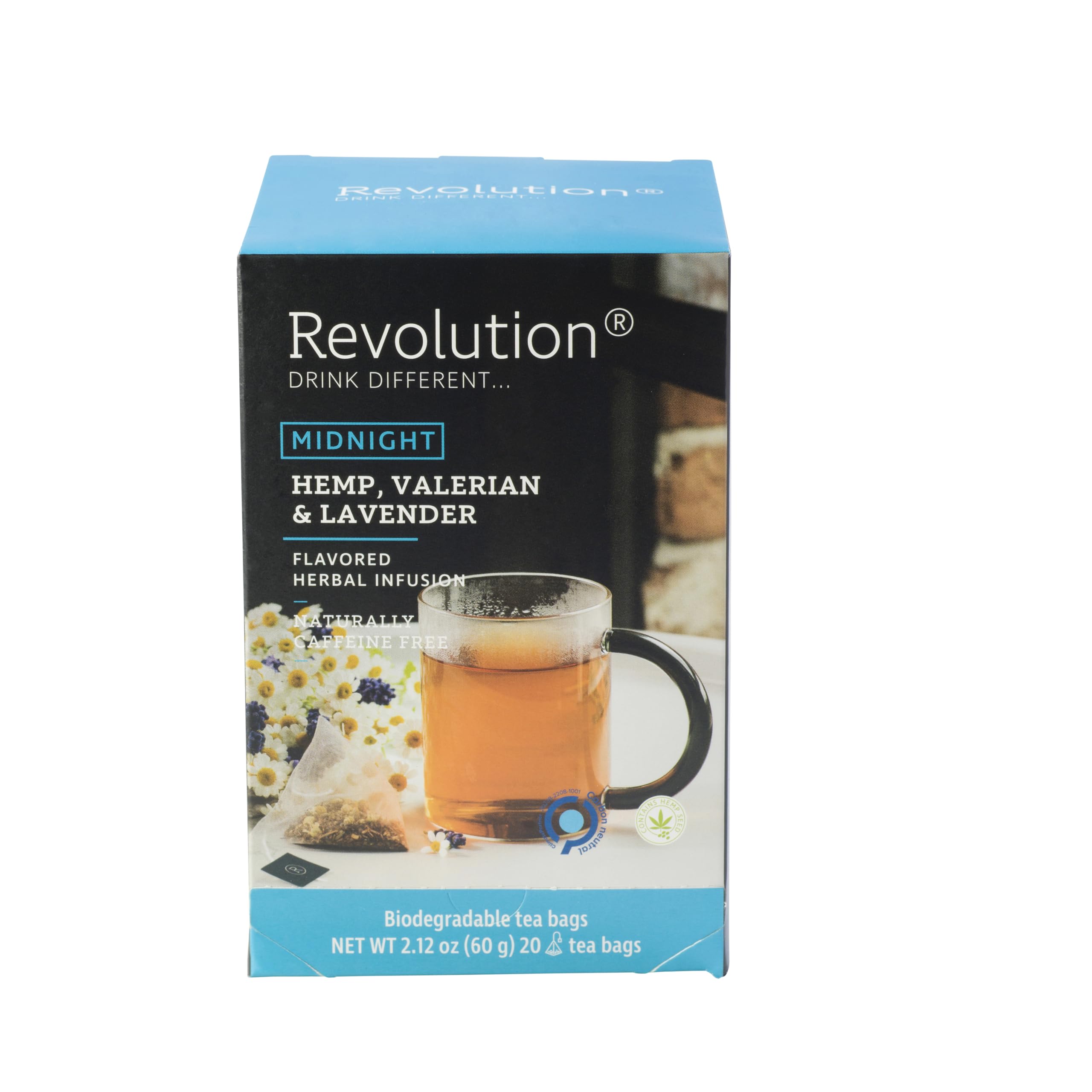 Revolution Tea MIDNIGHT Hemp, Valerian & Lavender Hemp Tea - Relaxing Blend for Tranquil Nights - 20 Count