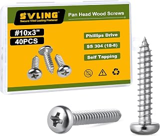 #10 x 3 Pan Head Wood Screws, 40PCS Pan Head Self Tapping Sheet Metal Screws, Stainless Steel 304 (18-8), Phillips Drive