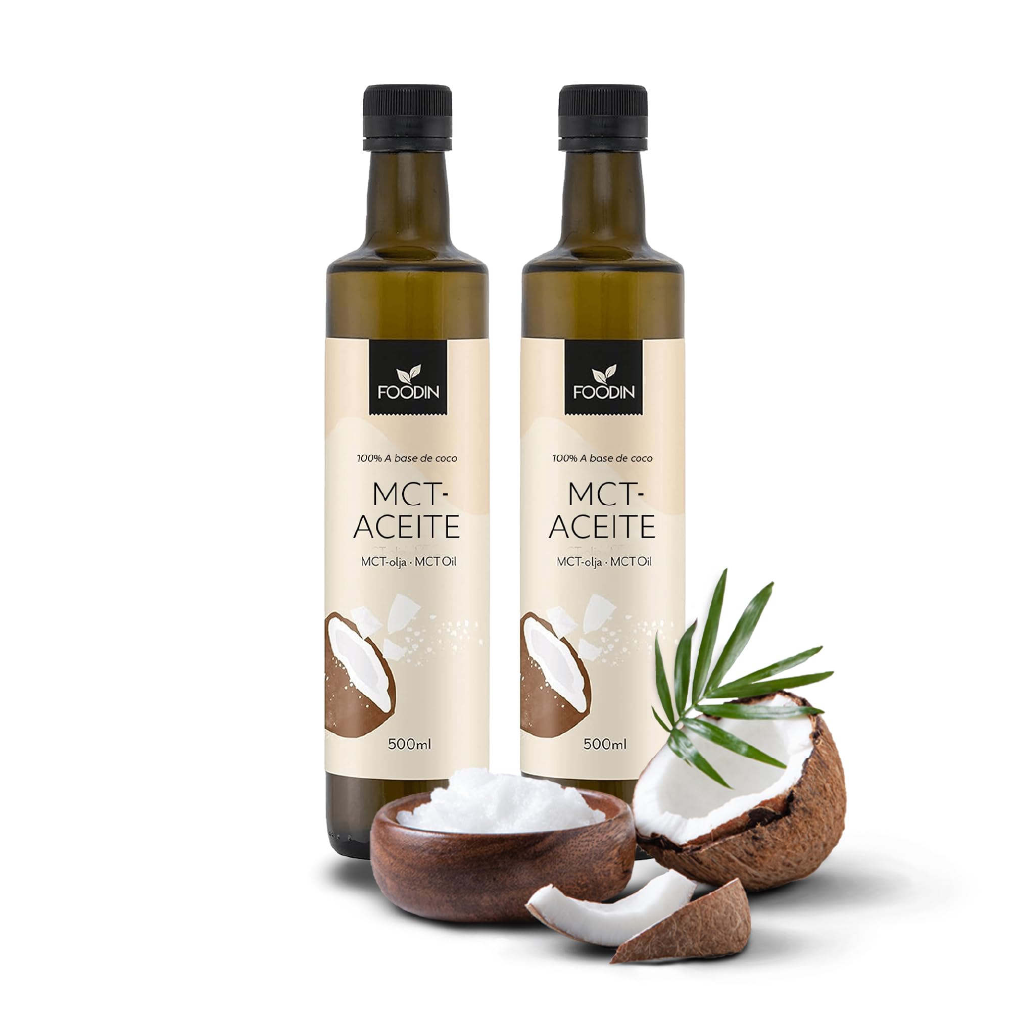 FOODIN Aceite MCT 1000 ml (2 x 500 ml) 100% aceite de coco, triglicéridos de cadena múltiple, vegano, sin gluten, para cetogénica