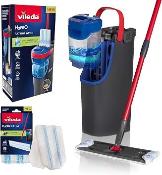 Vileda H2PrO Flat Mop And Bucket Set With 1 Additional Mop Head Refill, 100% Separation of Clean and Dirty Water with Two Tank System, Effortless Wringing, Compact Storage Design, Easy Assemble