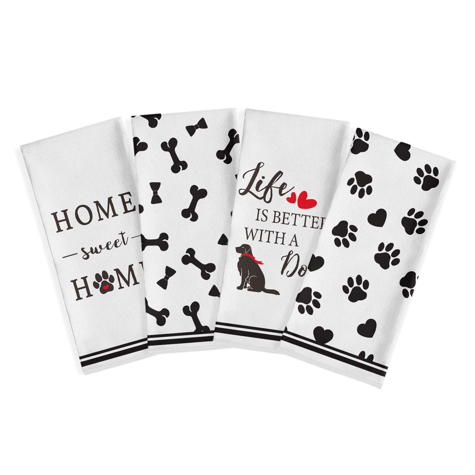 Artoid Mode Pet Dog Paw Life is Better with A Dog Home Sweet Home Kitchen Dish Towels, 18 x 26 Inch Farmhouse Rustic Ultra Absorbent Drying Cloth Tea Towels for Cooking Baking Set of 4