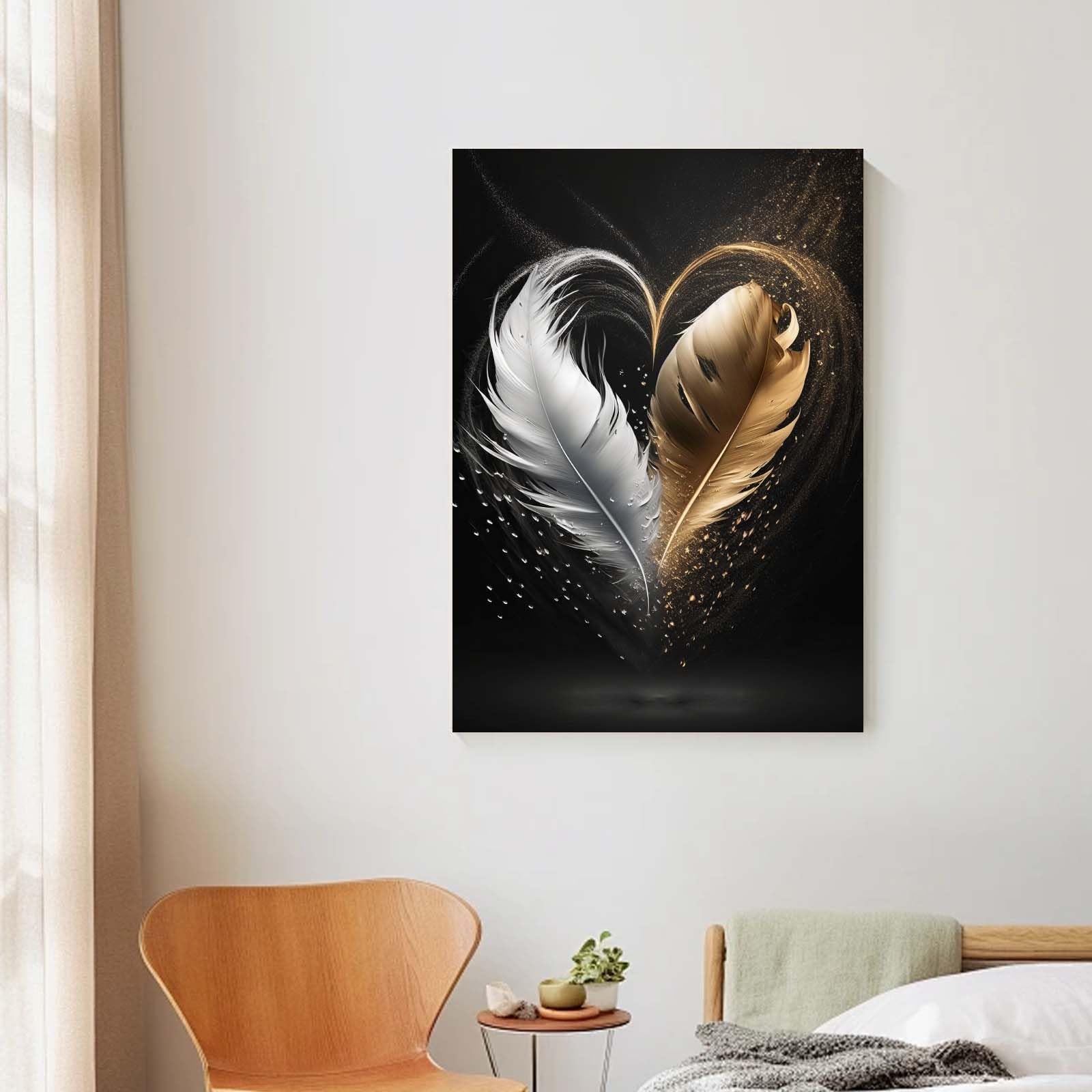 Qiukoo Framed Canvas Wall Art, Gold and Black Feather Heart Artwork, Waterproof Modern Print with Hook - Image 4