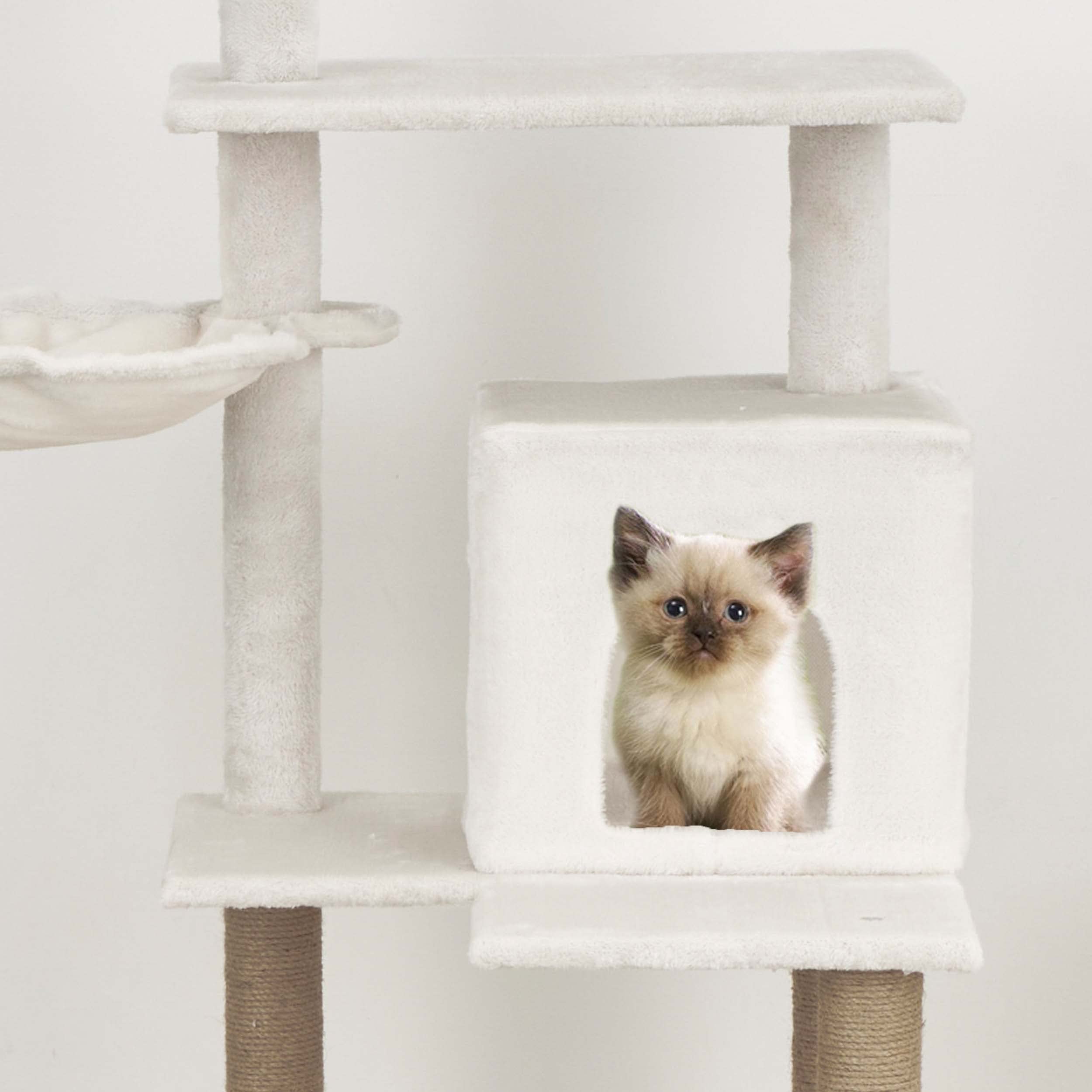 Baroni Home Árbol Rascador para Gatos, Árbol Rascador para Gatos y Gatitos, Árbol Rascador de 4 Pisos con Pelota, Hamaca y Perrera Rectangular, 75x55x125 cm, Crema