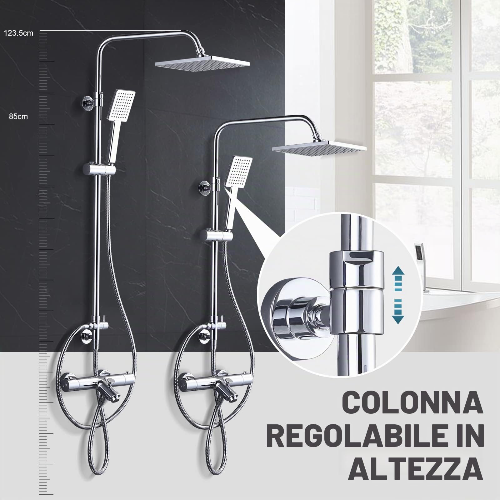 ARCORA Set Doccia Termostatico Completo, Sistema Doccia, Rame e Acciaio Inox, Miscelatore Vasca Doccia Termostatico 38℃, 3 Modalità di Erogazione, Cambio Facile Doccia-Vasca, Cromato