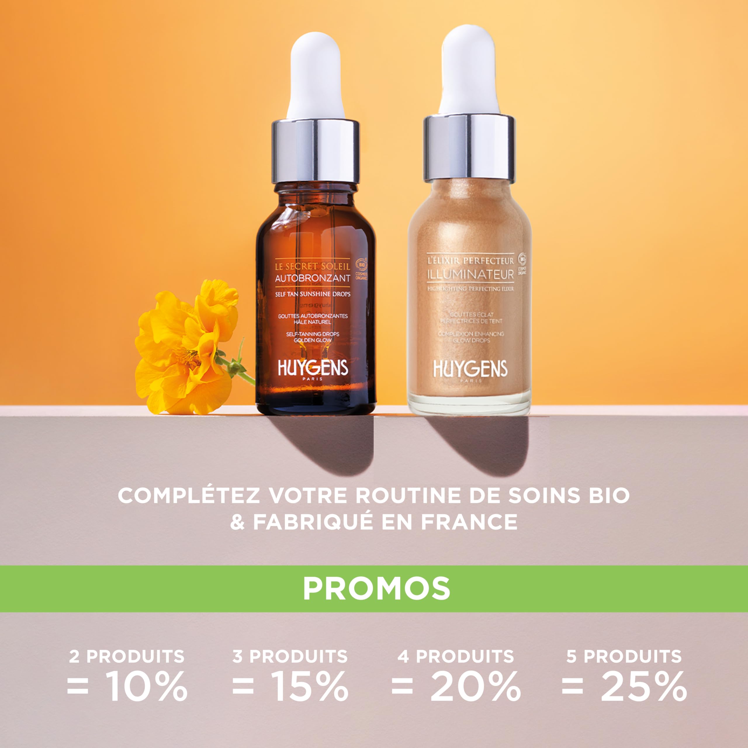 HUYGENS Face Self-Tan Sunshine Drops – Sérum autobronzant progressif – Certifié bio, vegan, fabriqué en France, 15 ml