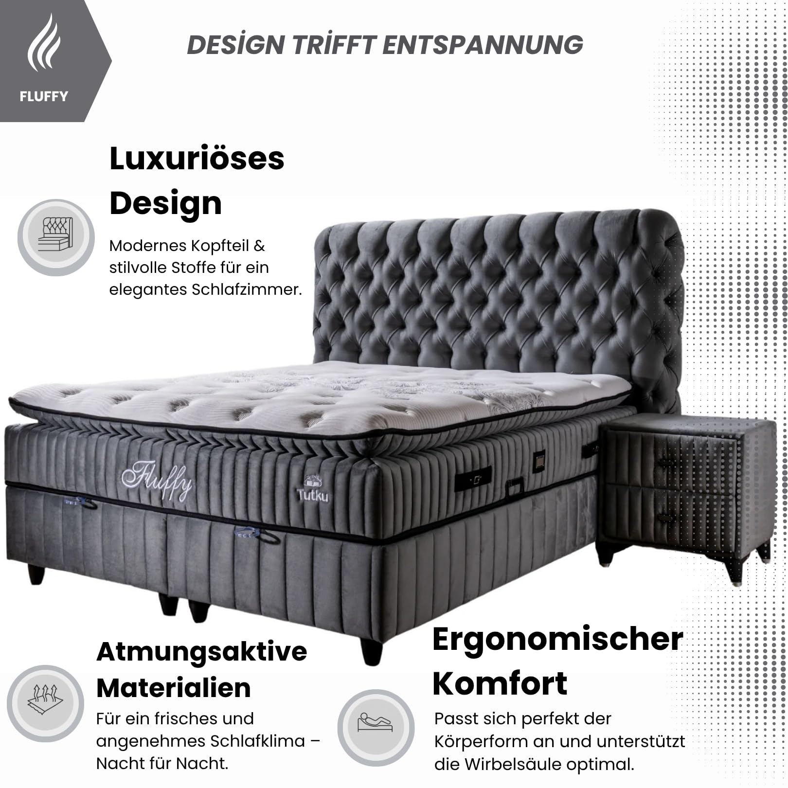 Fluffy Boxspringbett 180x200 cm mit Matratze & Bettkasten | Bett mit Stauraum - Komplettset mit 7-Zonen Orthopädischer Matratze mit Topper – Allergenfrei, Atmungsaktiv | Liegehöhe 67 cm (Grau)