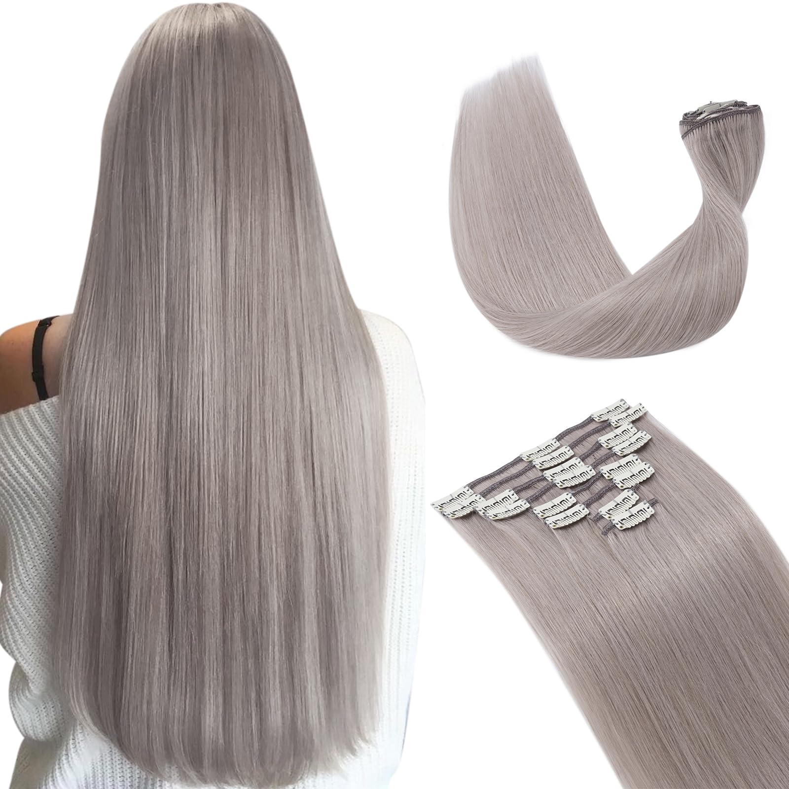 Hairro 14 Inch Clip in Hair Extensions Human Hair Thin 60g Standard Weft 8 Pcs 18 Clips Long Straight Human Hair Clip on Gray Hairpieces for Women