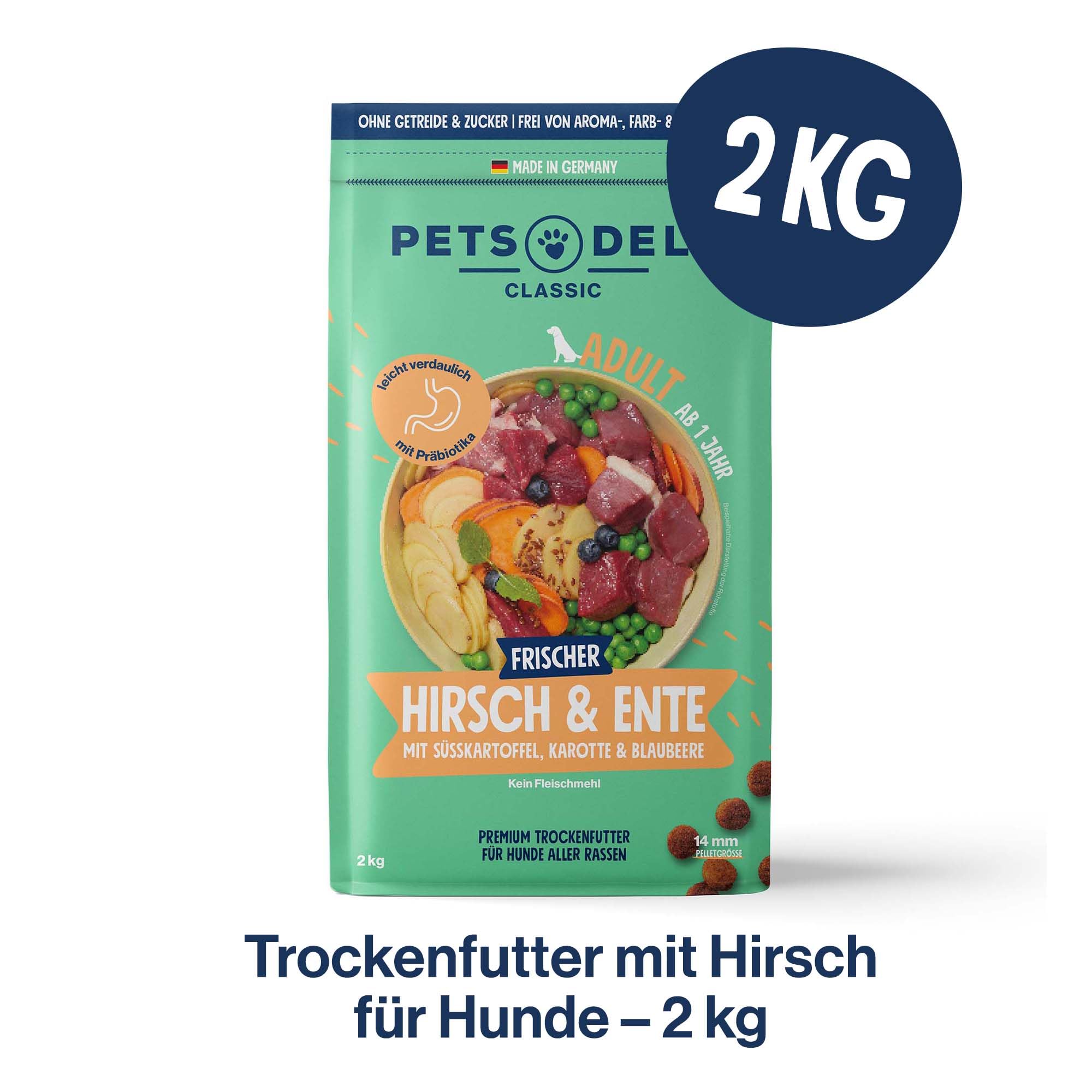 Pets Deli Classic Hunde Trockenfutter Hirsch, Ente & Süßkartoffel, leicht verdaulich, getreidefrei, ohne Zucker, 2 kg, Premium Qualität