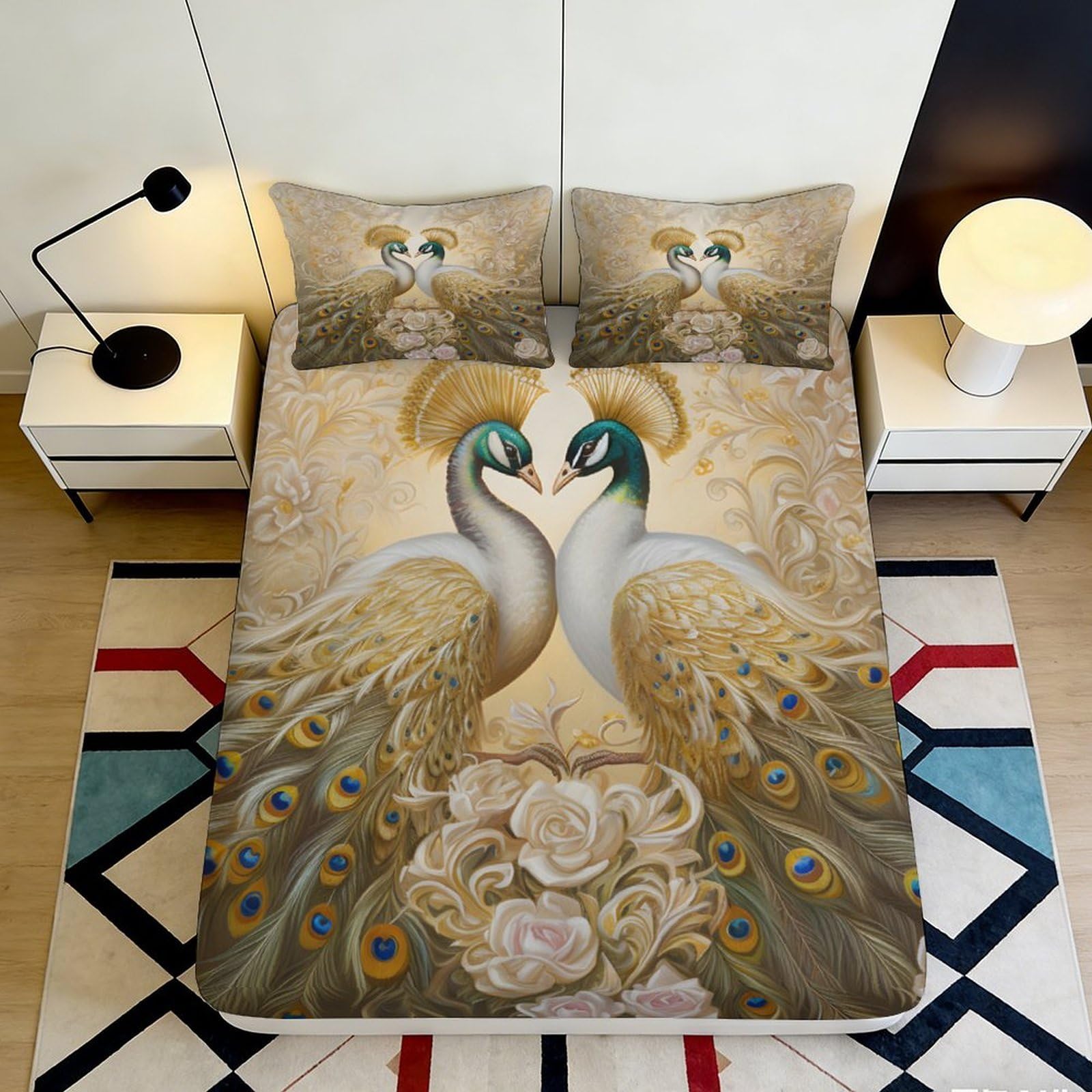 3D Printed Peacock Floral Fitted Sheet Microfiber Deep Pocket Bedding Set Peacock Mattress Fitted Cover Elastic Hem Washable for Adults 160x200x25cm