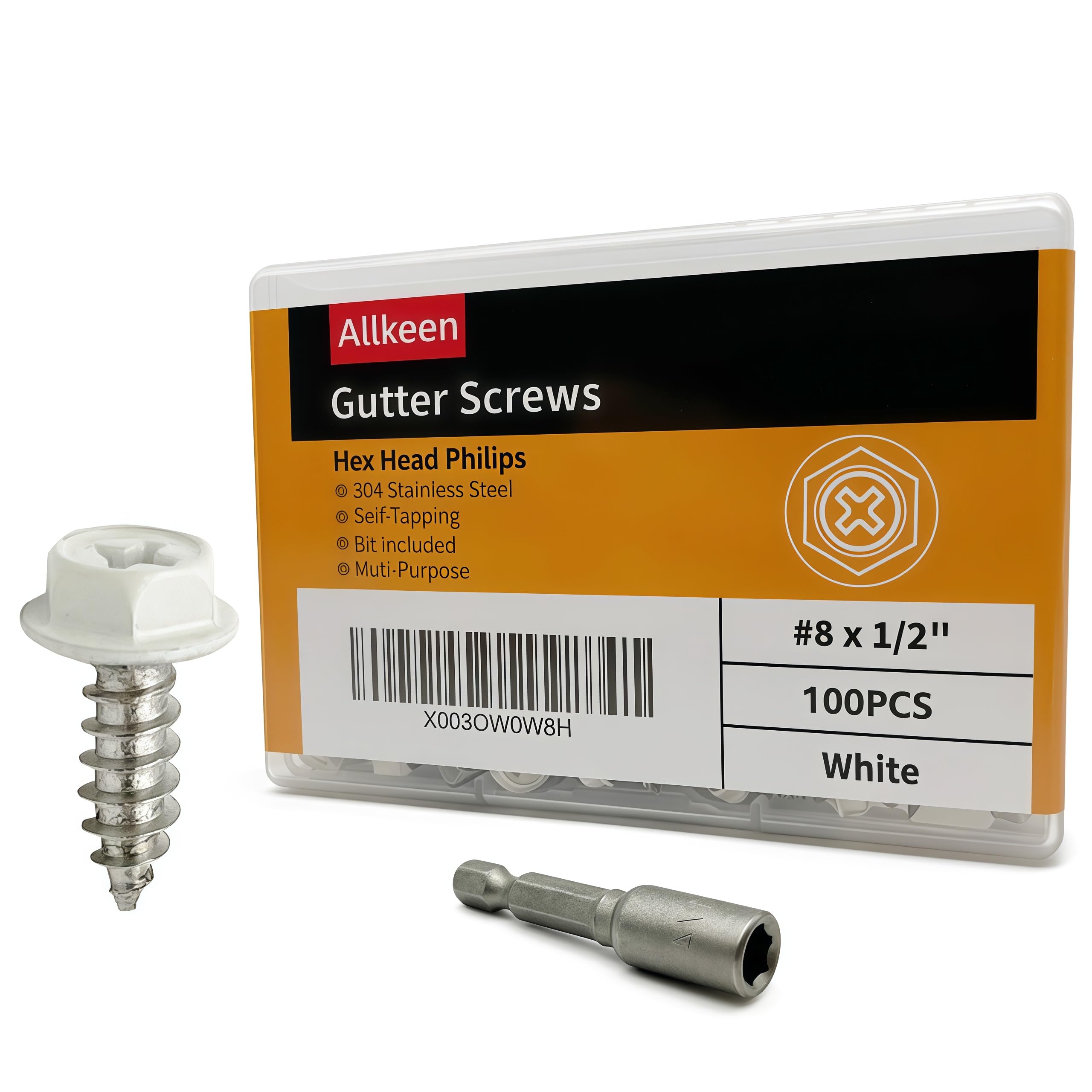 Allkeen White Painted Self Tapping Gutter Screws #8 x 1/2" Hex Head Downspout Sheet Metal Screws, 100 Pieces