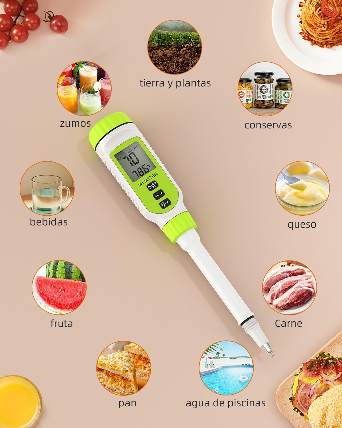 Tadeto Medidor de pH digital multifuncional para alimentos, kit de prueba de pH del suelo del jardín de alta precisión con pantalla LCD ℃/℉ para la planta/solución, agua y alimentos (Verde)