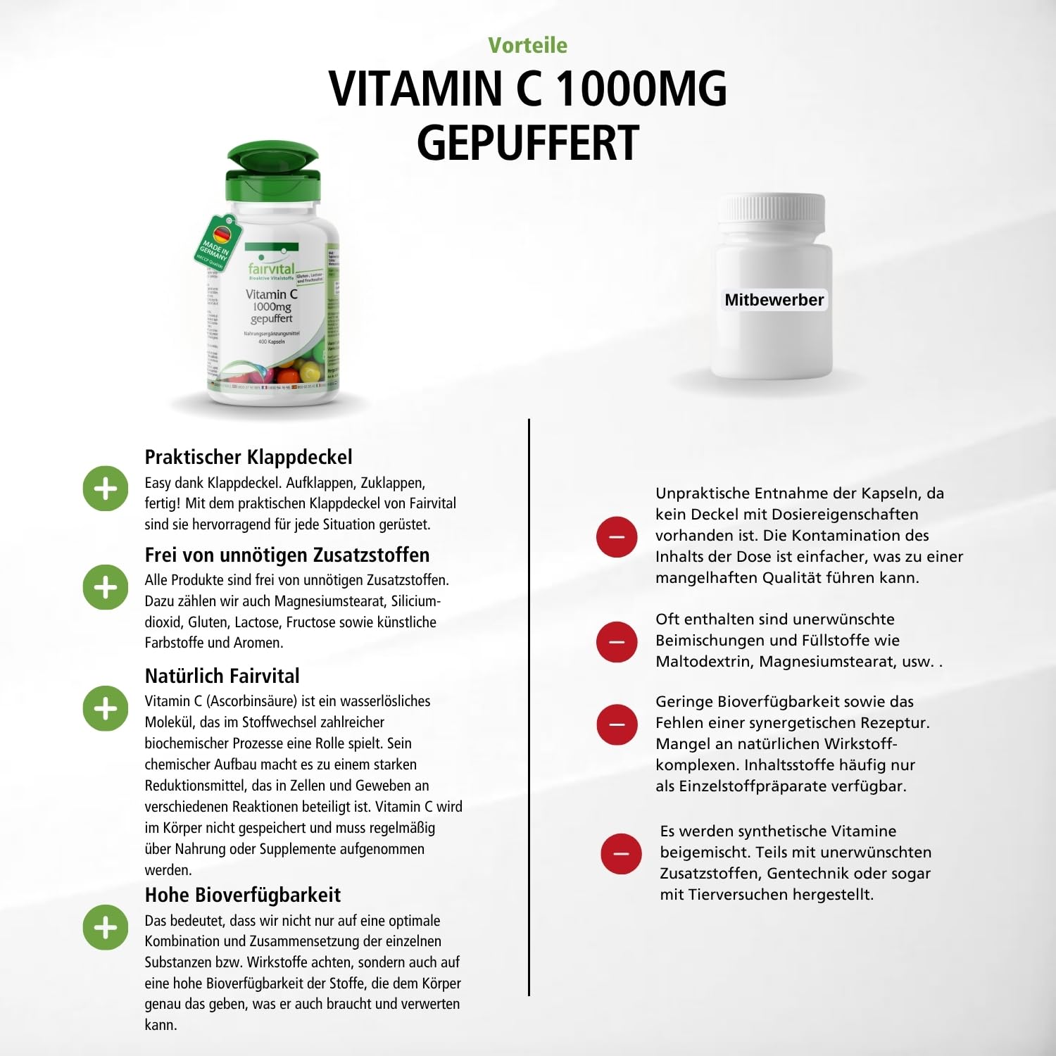 fairvital Gepuffertes Vitamin C 1000mg hochdosiert, 400 Kapseln, VEGAN, magenfreundlich, Calciumascorbat