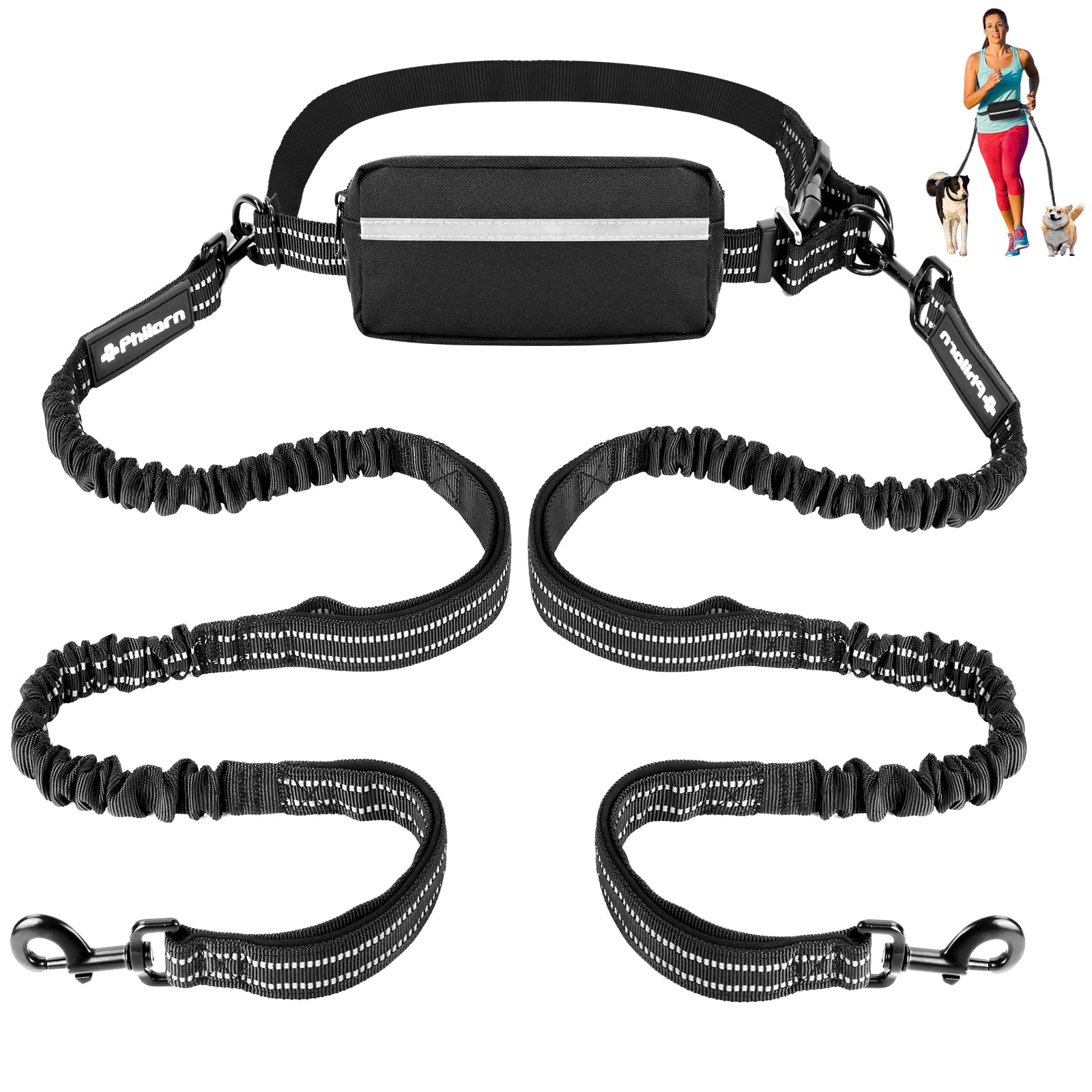 Philorn Hands Free Dog Leash for 2 Dogs, Adjustable Waist Leash for Medium Large Dogs Walking, Running, Jogging, Hiking, Dual Handles and Durable