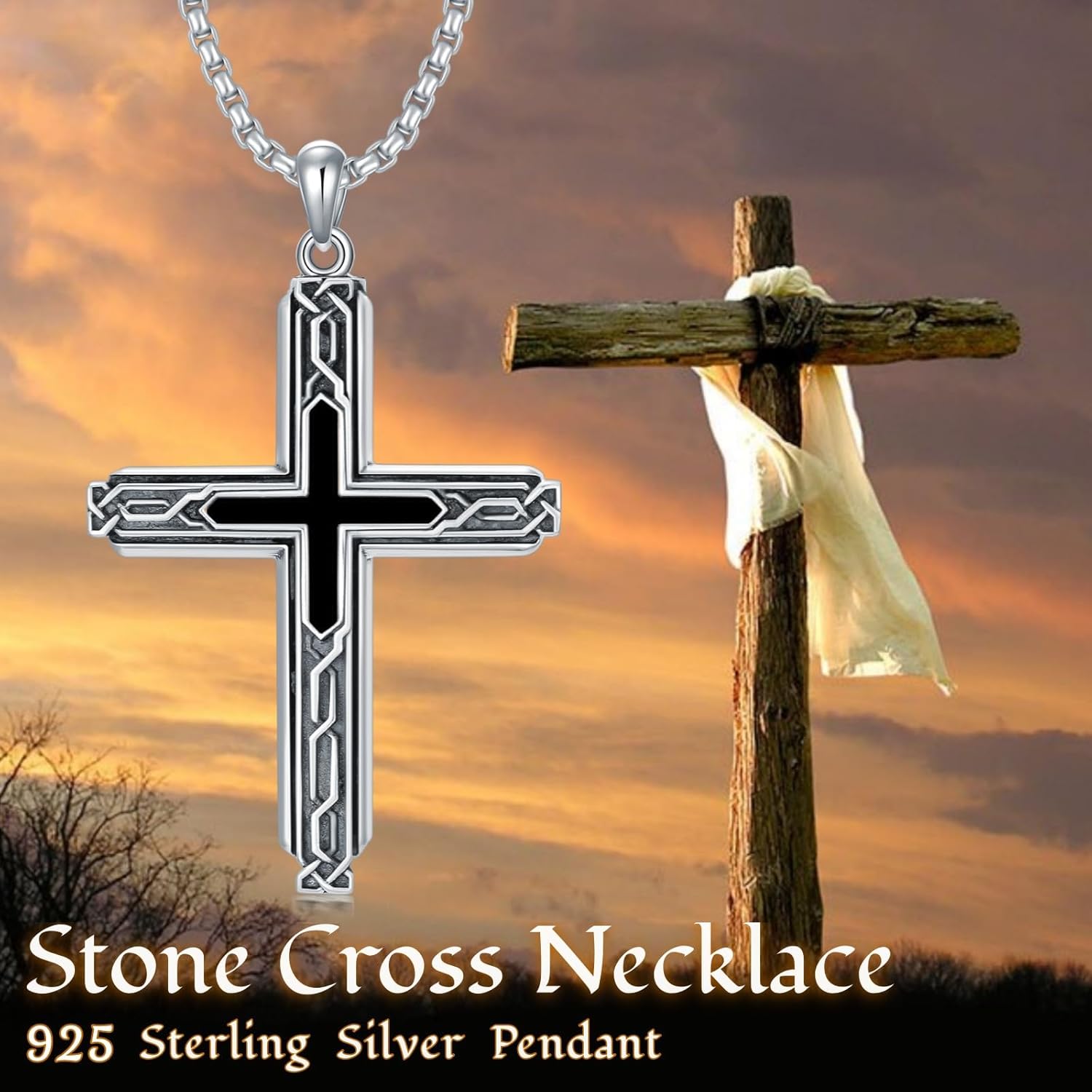 SIMONLY Cross Necklace 925 Sterling Silver Abalone Obsidian Opal Tigers Eye Turquoise Necklace Celtic Knot Lapis lazuli Pendant Protection Catholic Jewelry Religious Christian Gifts for Men Women - Image 2