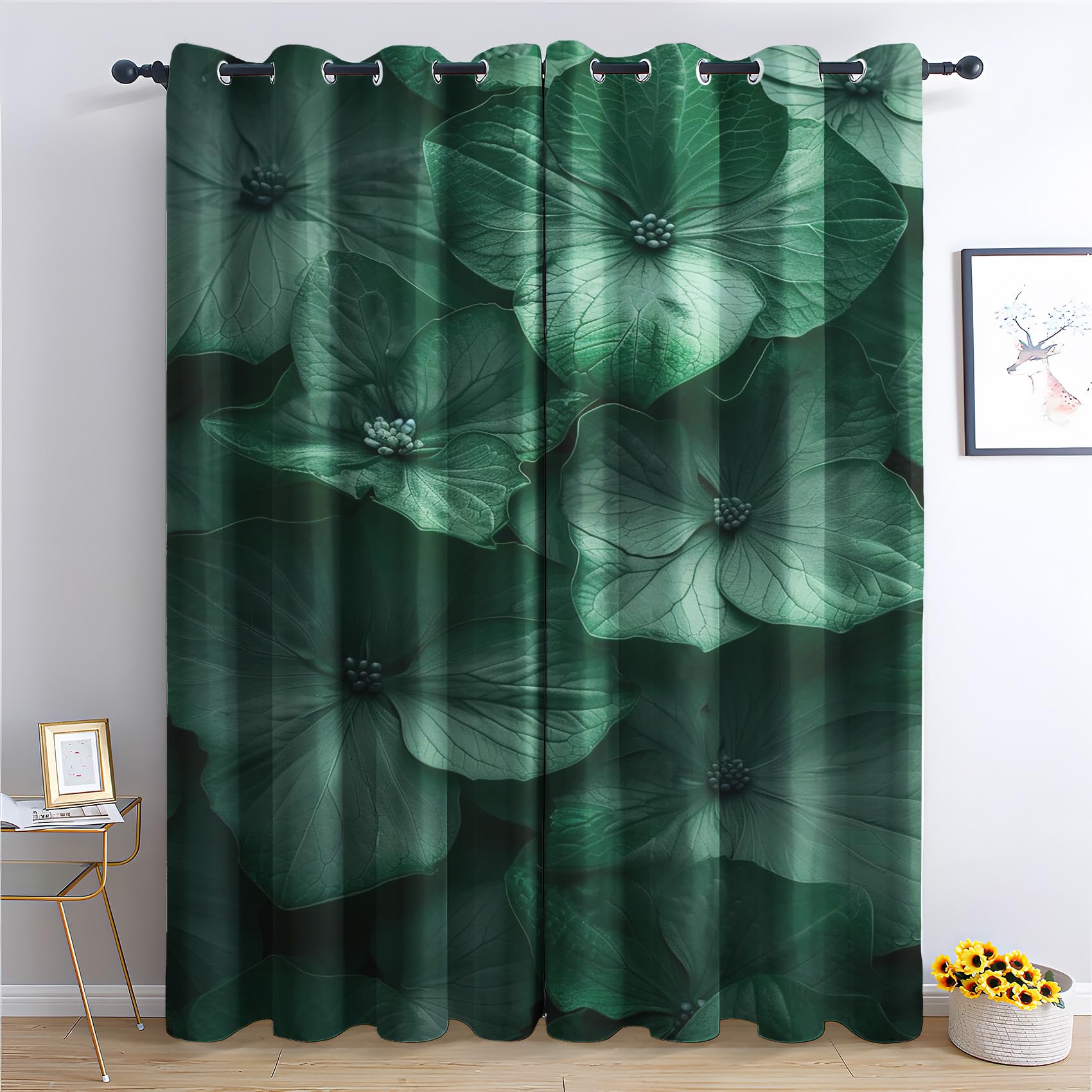 SZLYZM Emerald Green Blackout Curtains for Bedroom living Room, Leaves Curtains 46 x 90, 90 Inch Drop Curtains 2 Panels Set, Thermal Eyelet Drapes Decorative Patterned Window Treatments (Qa-&108)