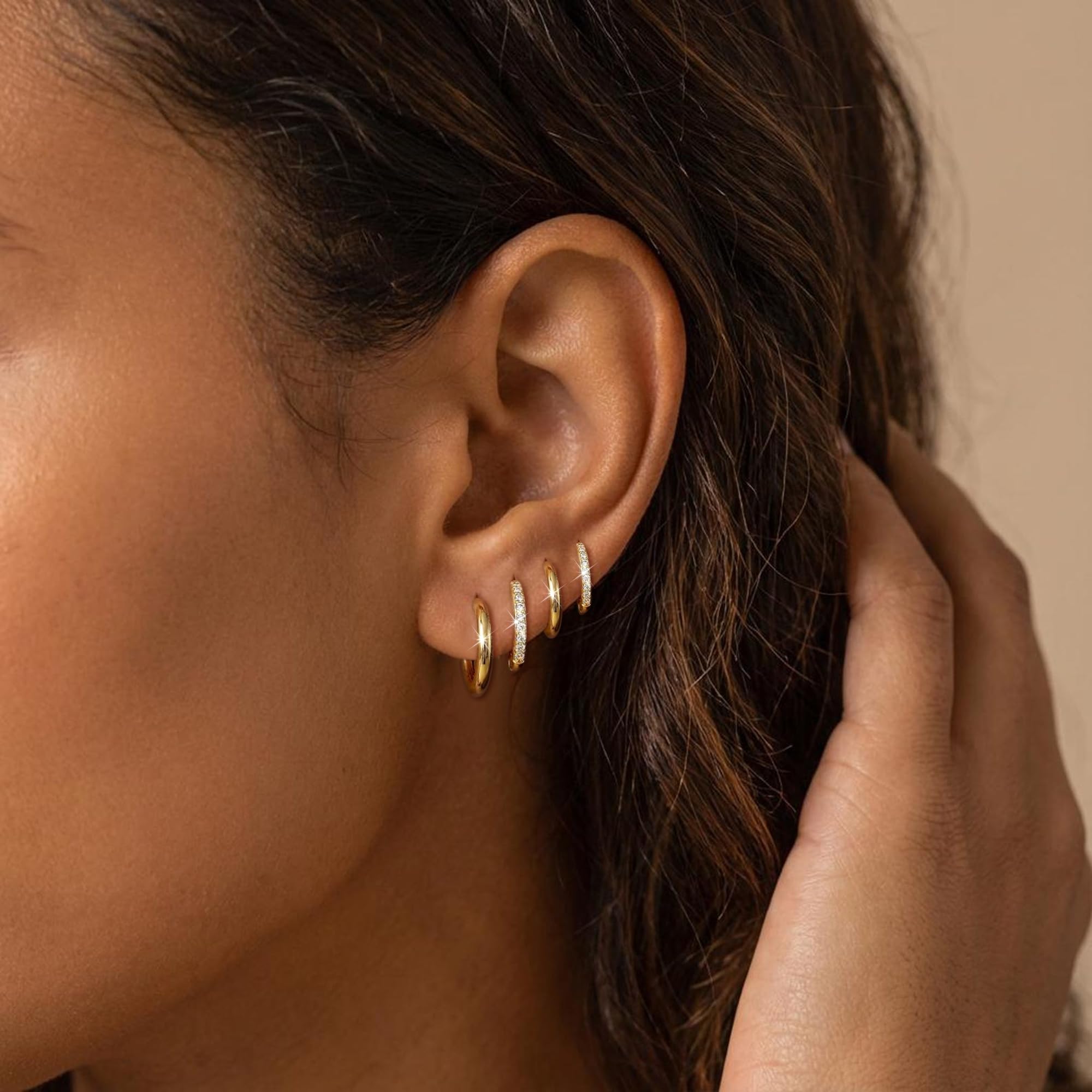 Maxcate 4 Pair Small Gold Hoop Earrings for Women Sensitive Ears - Hypoallergenic 14k Real Gold Plated Hoops Zirconia Cartilage Huggie Earrings Set Helix Piercing Earring Gold Jewelry for Women Gift - 3
