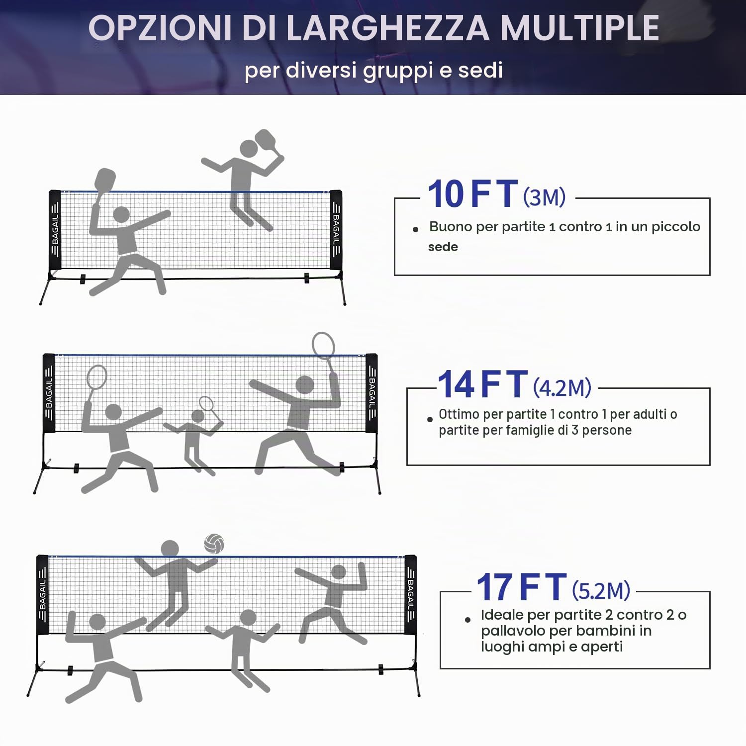 BAGAIL rete sportiva con set per pickleball e badminton, 3m / 4,2m / 5,2m | sistema a rete regolabile in altezza, borsa da trasporto portatile, senza attrezzi, per pallavolo, pickleball e tennis