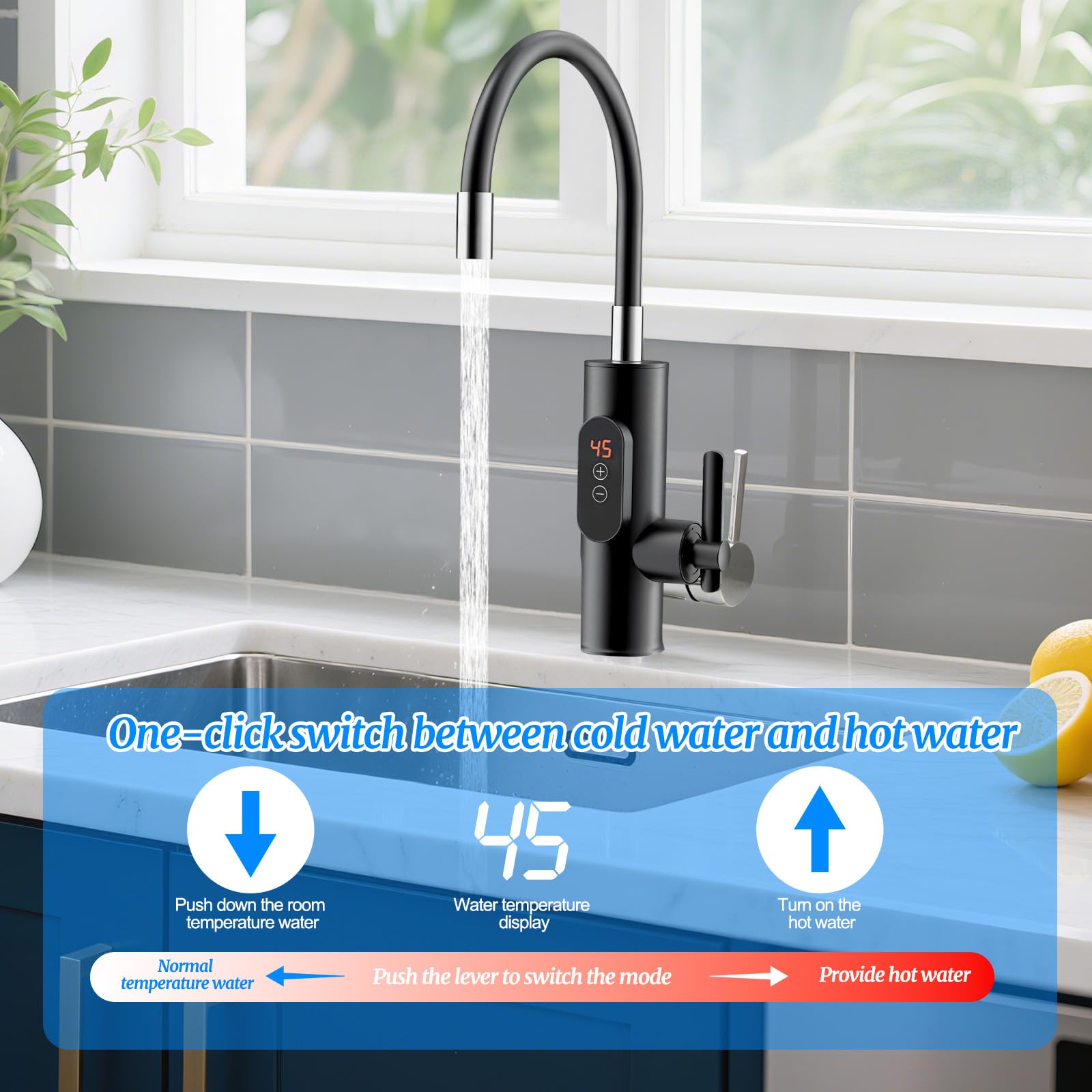 Yolispa Elektryczny kran z podgrzewaczem wody, 3300 W, kran z podgrzewaczem wody, z cyfrowym wyświetlaczem, regulowana temperatura, elektryczny podgrzewacz wody, obracany o 360°