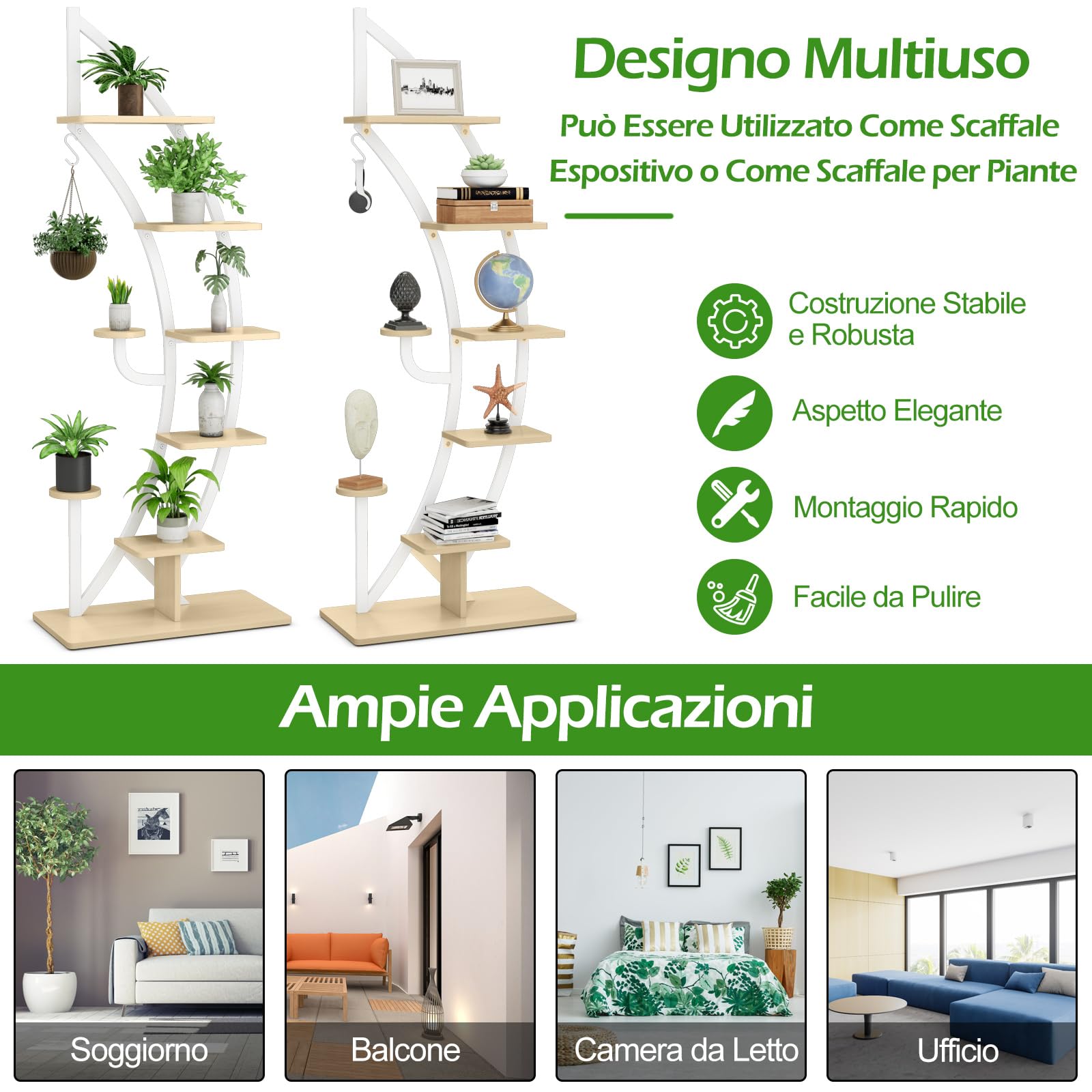 COSTWAY Scaffale per Piante a 7 Livelli, Scaffale a Forma di Mezza Luna con Gancio e Dispositivo Antiribaltamento, Porta Piante e Fiori per Interno e Soggiorno (1 PEZZO BIANCO)