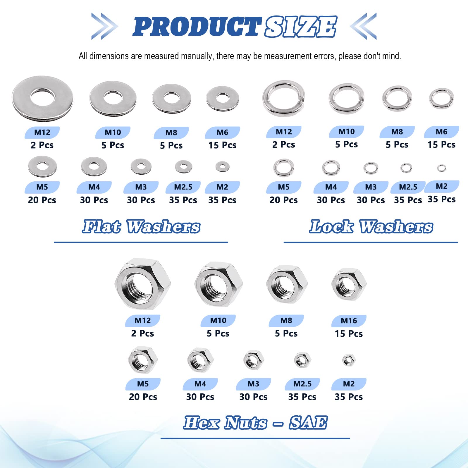 Glarks 524Pcs 304 Stainless Steel Hex Nuts and Flat & Lock Washers Assortment Kit Including 177Pcs Hex Nuts and 170Pcs Flat Washers and 177Pcs Lock Washers - Image 2