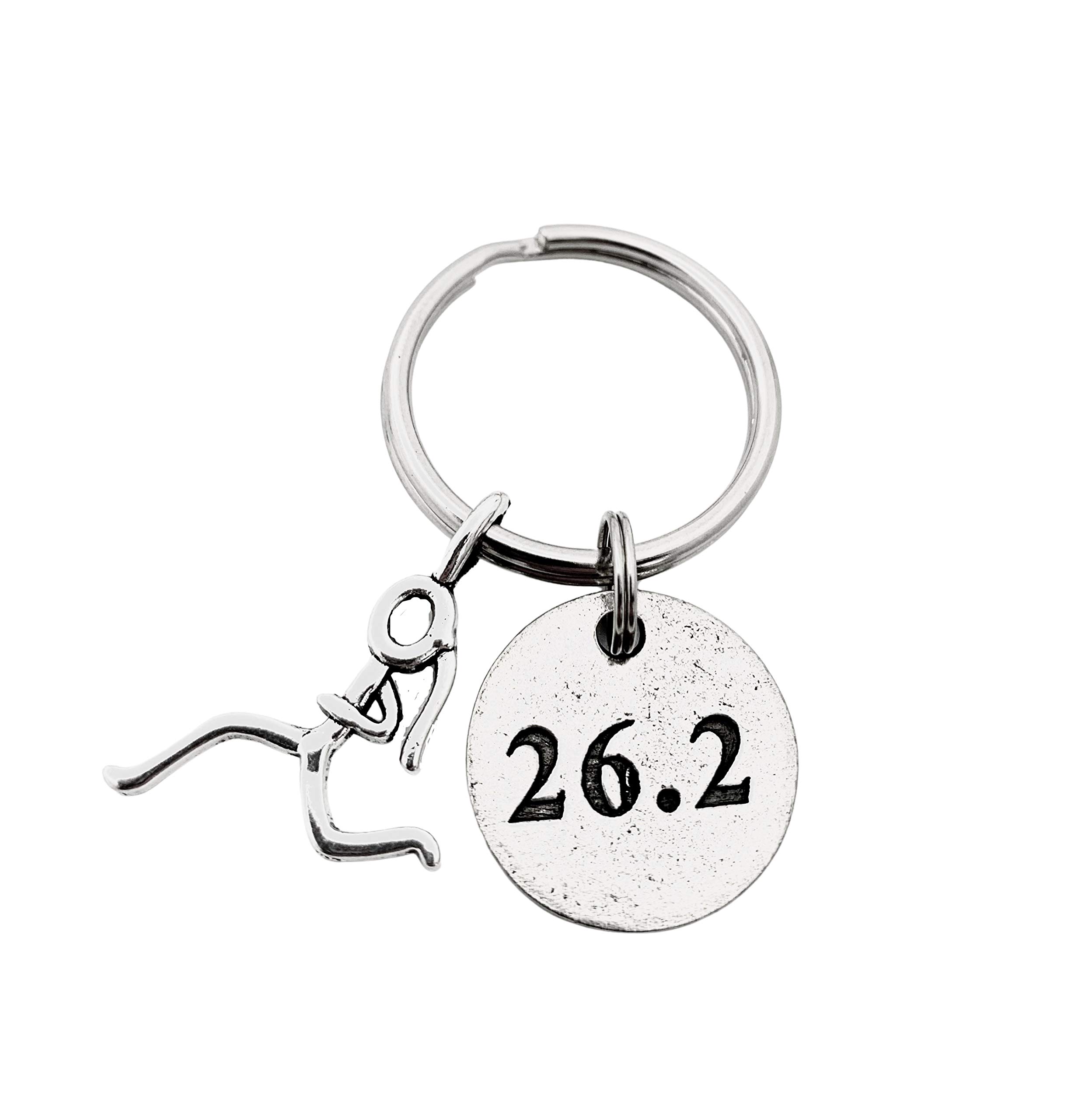 THE RUN HOME26.2 RUNNER GIRL Marathon Pewter Pendant Key Chain - Pewter Running Girl Stick Figure Charm and Round Pewter 26.2 Pendant on Round Stainless Steel Key Ring