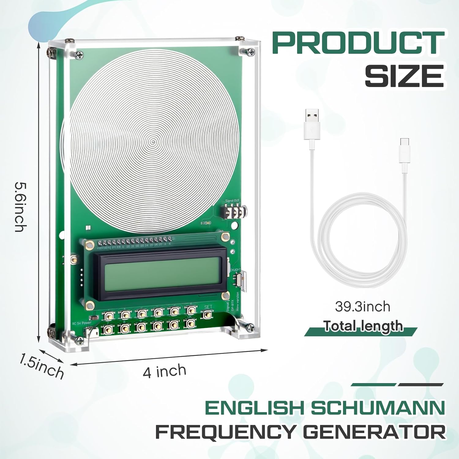 Relaxweex Schumann Resonance Generator with dimensions: 5.6 inches height, 4 inches width, 1.5 inches depth. Includes a 39.3 inch USB cable.
