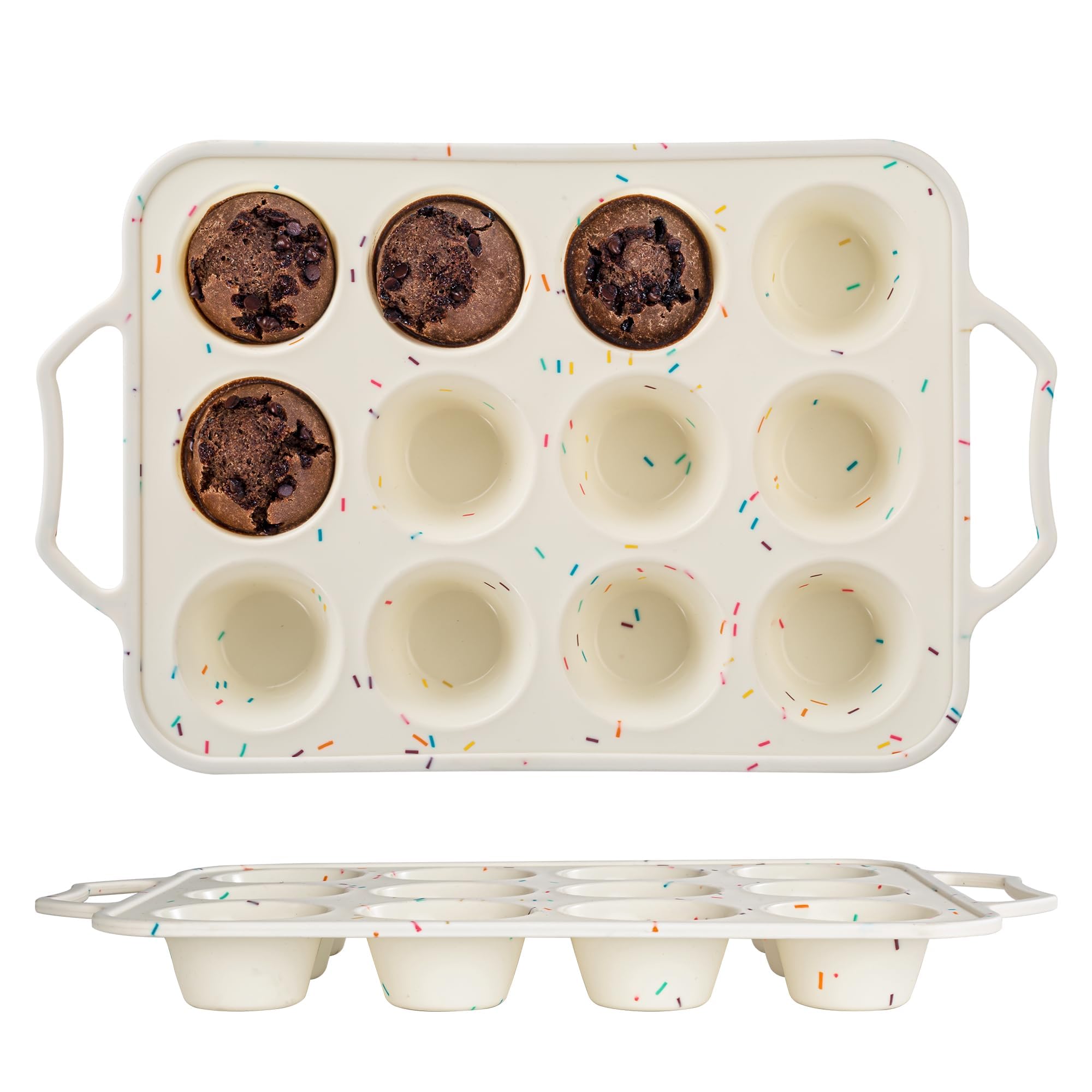 ELECDON 1 Pcs Silicone Muffin Pan with Metal Frame, 12 Cup Small Cupcake Pan Moulds for Baking Homemade Muffins Cupcake Tattlers and Egg Bites, Easy to Move in or Out of Oven, Dishwasher Safe (Beige)