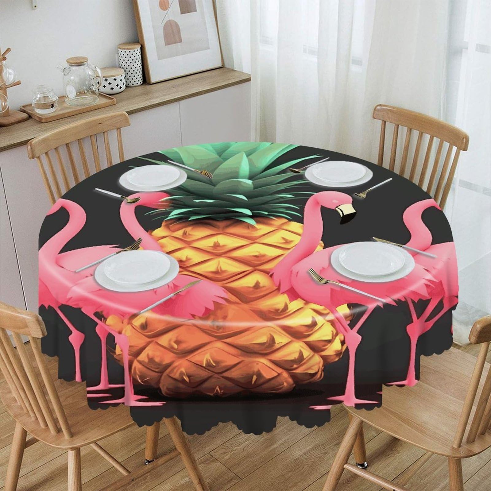 FekiLoot Pineapple Flamingos Round Tablecloths 60 Inch Resistant Washable Polyester Table Cloth Style Decorative Circle Fabric Table Cover for Dining Kitchen Party Farmhouse Outdoor