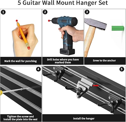 Miniatura 6 de GELTTULU Soporte de pared para guitarra, soporte de pared con 5 ganchos para guitarra, estante de almacenamiento de guitarra para bajo, violín,
