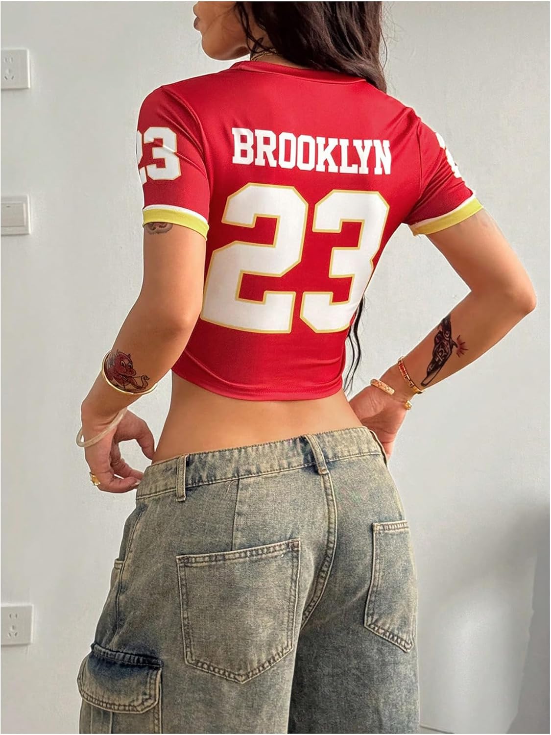 WDIRARA Women's Sparkly Rhinestone Jersey Shirts Number Graphic Short Sleeve Crop Tops Streetwear - Image 2