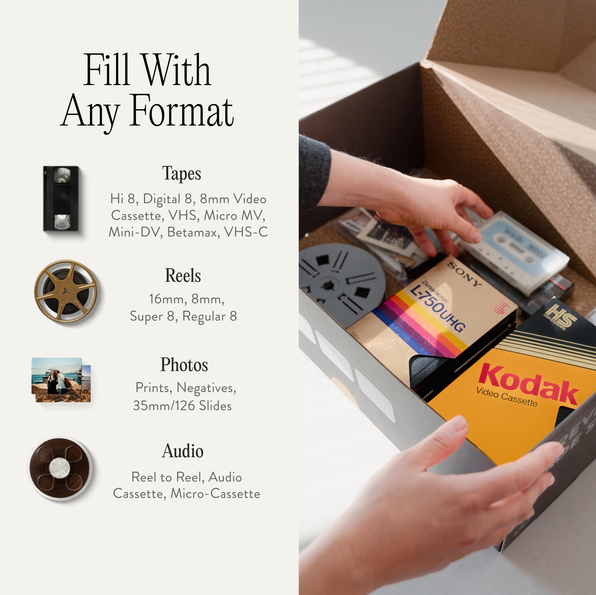 Legacybox Digitalisierung 3 Artikel Box | Speichererhaltungsservice | Konvertieren von VHS in Digital | Scan-Service für Fotos, Dias und Negative | Übertragung auf Cloud, USB oder DVD | Digitalisiert