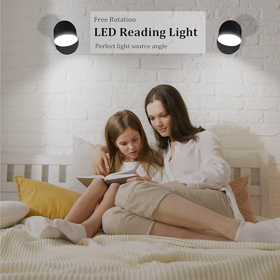 KAWELL Indoor LED Wall Light Touch Sensitive LED Reading Wall Lamp Stepless Dimming LED Wall Spotlight 350° Free Rotation for Bedroom Bedside Living Room Stairs Hallway Corridor, Black 6000K [Energy Class F]