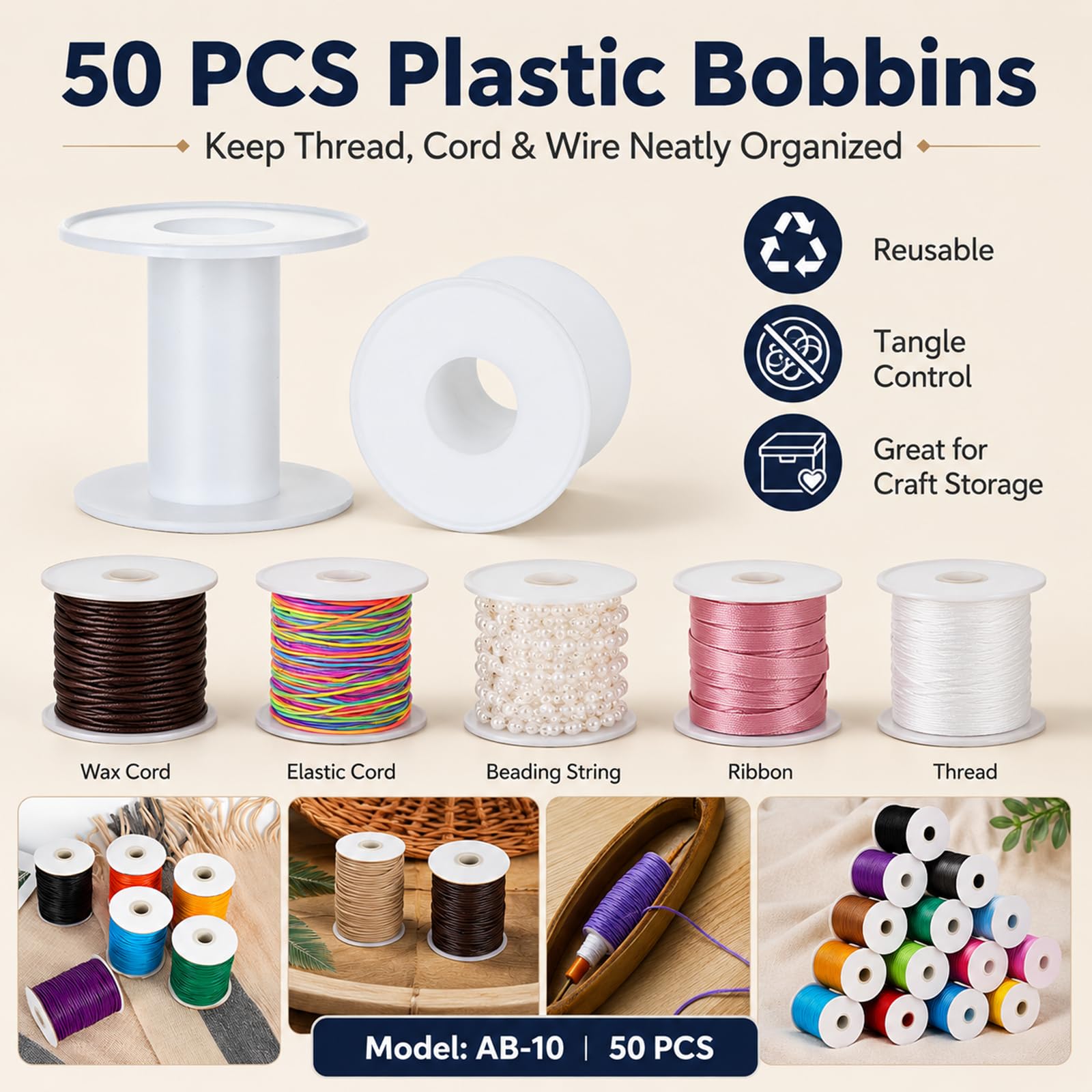 CYEAH 100 carretes vacíos blancos de 5 cm, carretes de plástico pequeños, bobina de hilo para manualidades, cuerda de alambre, rollo de cadena