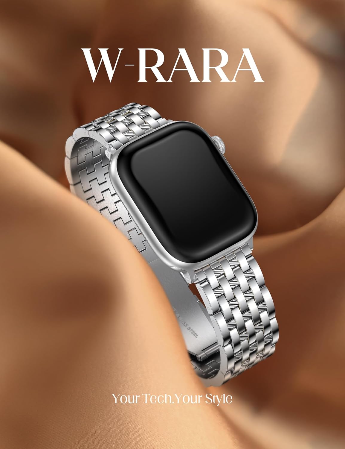 W-RARA Dual-Tone Metal Dressy Band Compatible with Apple Watch Band 38/40/41/42/44/45/46/49mm Women Men, Stainless Steel Seven-link Luxury Engraved Strap for iWatch SE Series 11/10 9 8 7 6 5 4 3 2 1 - Image 3