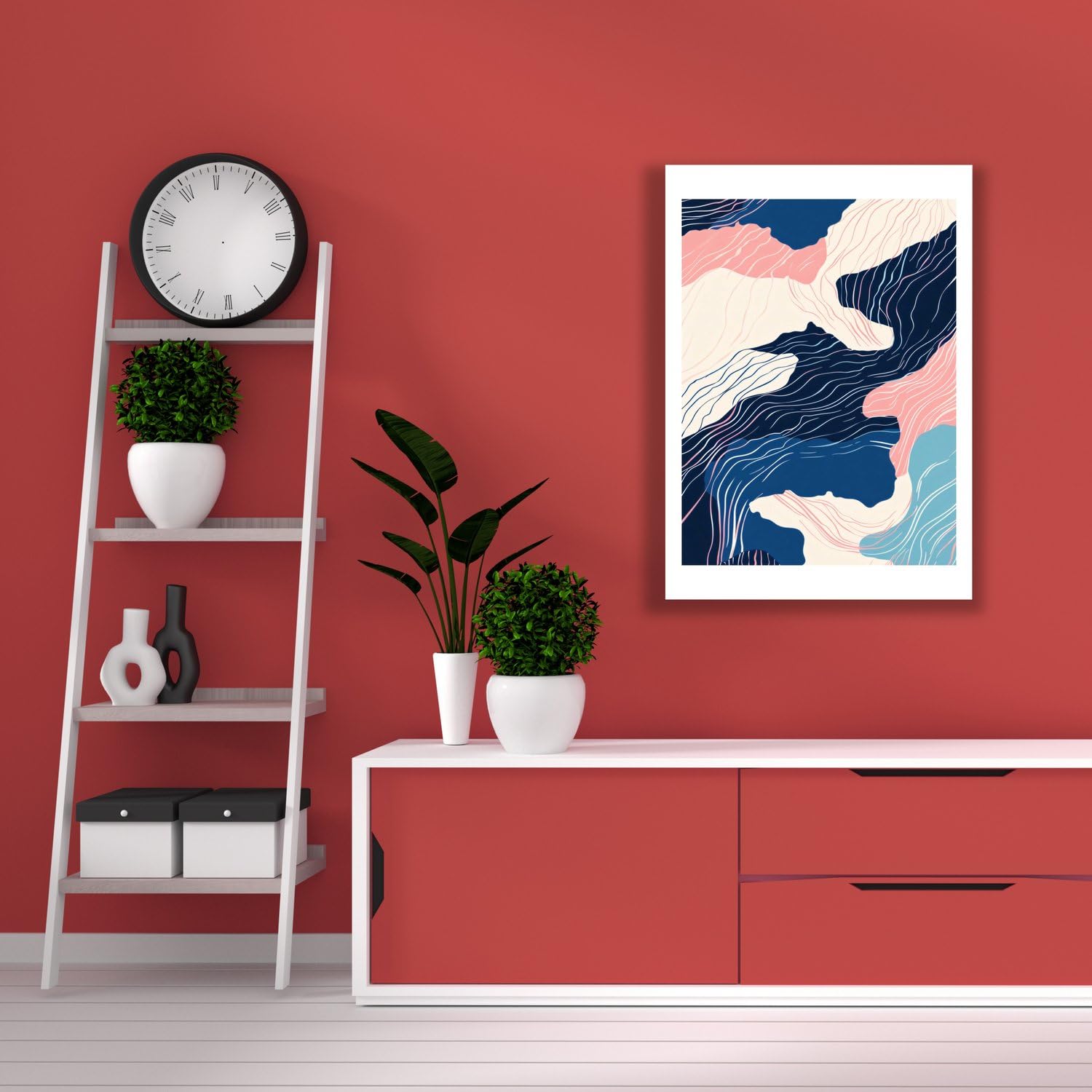 Spiffing Prints Contour Flow – Bleu marine et blush Topographique Abstrait – Ligne minimaliste moderne – Extra Large – Impression d'art semi-brillante