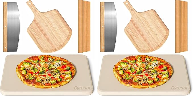 4 PCS Rectangle Pizza Stone Set, 15" Large Pizza Stone for Oven and Grill with Pizza Peel(OAK), Pizza Cutter & 10pcs Cooking Paper for Free, Baking Stone for Pizza, Bread,BBQ