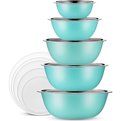 WHYSKO Stainless Steel Mixing Bowls With Lids Set, 5 Sizes Nesting Mixing Bowls for Your Kitchen Meal Prep, Cooking, Baking, and Food Storage (Blue Bowls with White Lids)