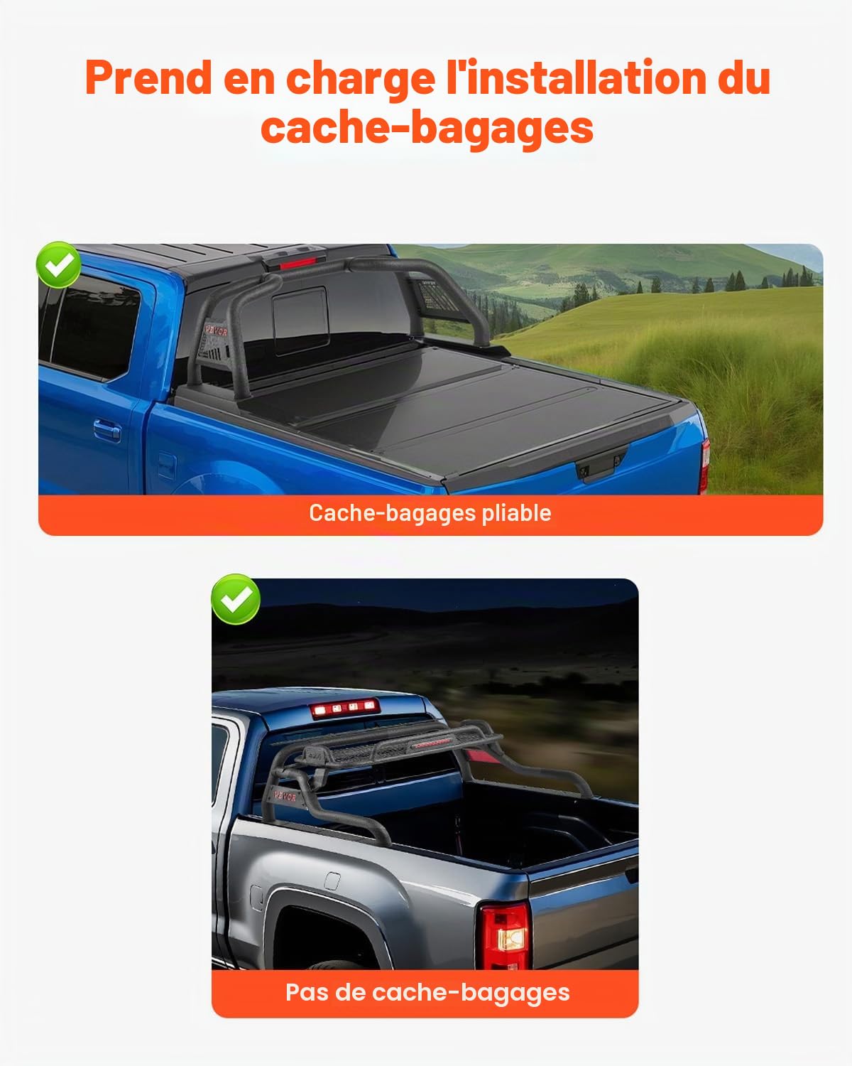 VEVOR Arceau de Sécurité Arrière pour Pick-up, Barre de Benne Réglable Universel, Compatible avec Pickup Pleine Grandeur, en Acier au Carbone, avec Plateau Porte-bagages et Feu Stop LED, Camion