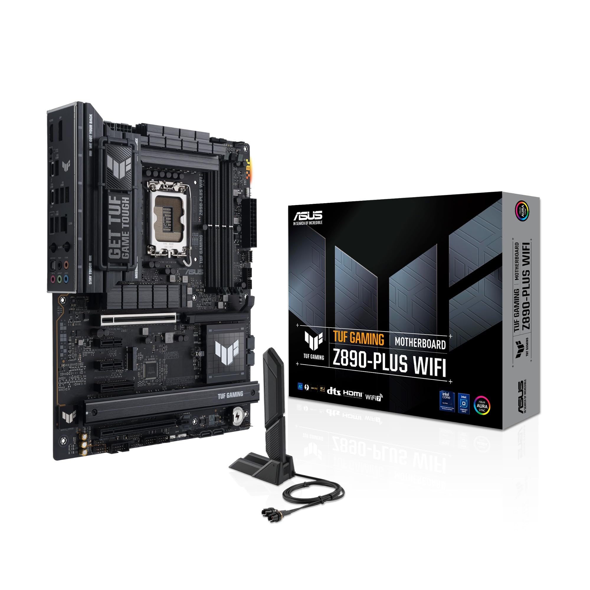 ASUS TUF GAMING Z890-PLUS WIFI Motherboard with packaging and Wi-Fi antenna