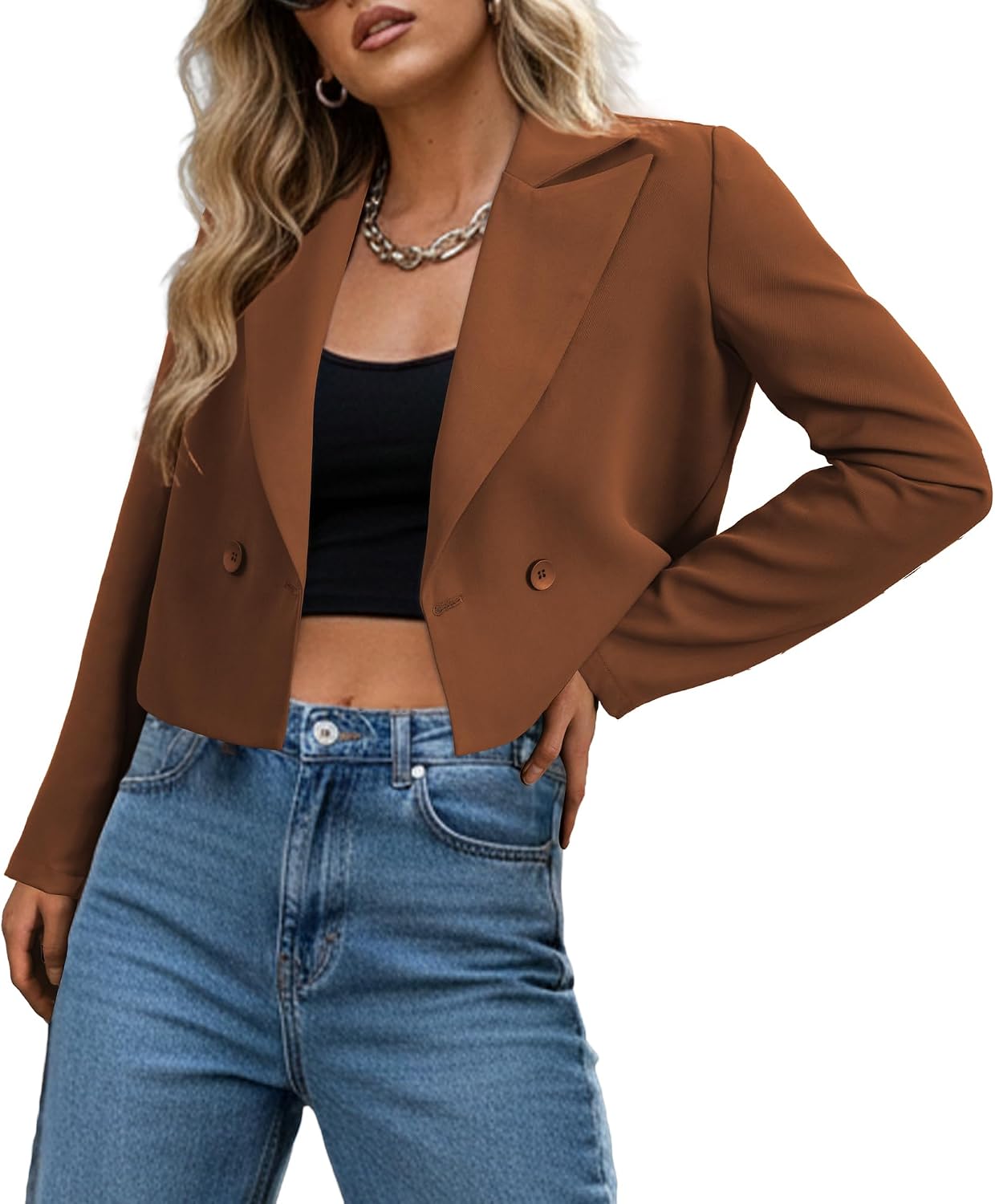 Ahlaray Women's Business Casual Blazer - Double-Breasted Long Sleeve Lapel Collar Cropped Blazer Jacket for Work Office